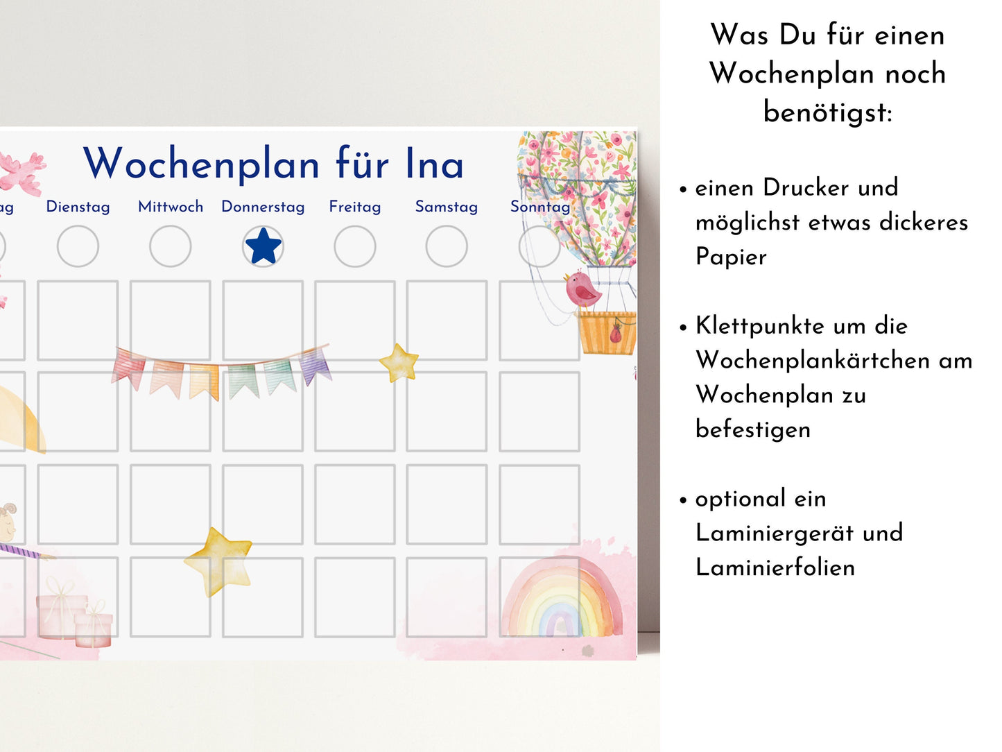 Wochenplan für Kinder, 288 Kärtchen, PDF Sofort-Download, personalisierbar, Geburtstagsgeschenk und zum Verschenken "Heissluftballon"