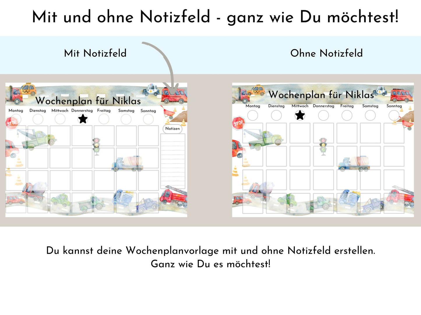 Wochenplan für Kinder mit 288 Routine Karten, personalisierbar, PDF Sofort-Download, Geburtstag Geschenk Canva Vorlage "Autos und Laster"