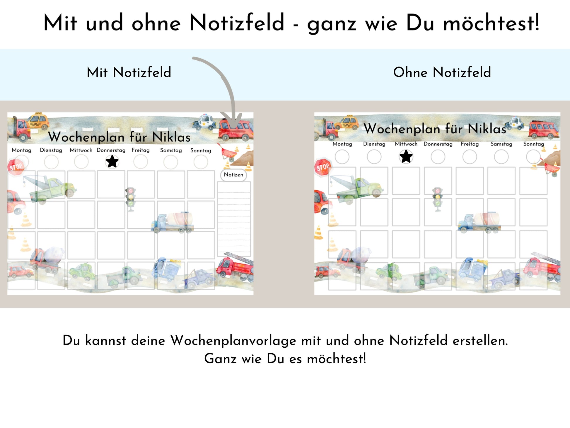 Wochenplan für Kinder mit 288 Routine Karten, personalisierbar, PDF Sofort-Download, Geburtstag Geschenk Canva Vorlage "Autos und Laster"