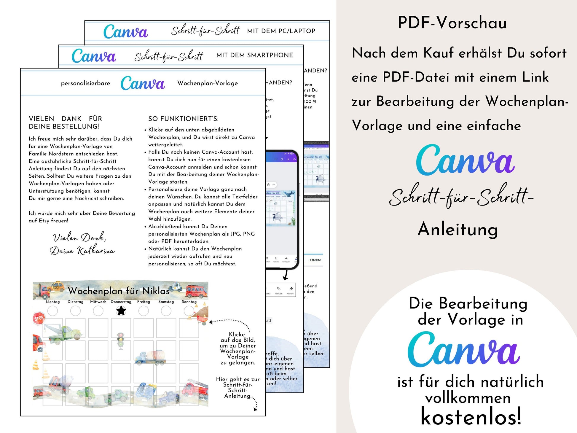 Wochenplan für Kinder mit 288 Routine Karten, personalisierbar, PDF Sofort-Download, Geburtstag Geschenk Canva Vorlage "Autos und Laster"