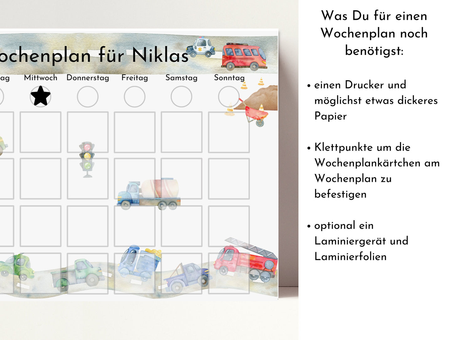 Wochenplan für Kinder mit 288 Routine Karten, personalisierbar, PDF Sofort-Download, Geburtstag Geschenk Canva Vorlage "Autos und Laster"