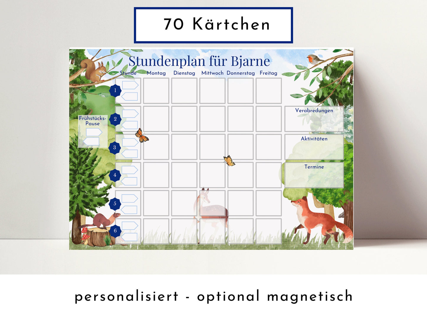 Stundenplan mit 70 Schulfach Kärtchen, personalisiert für die Grundschule, laminiert magnetisch, Geschenkidee Einschulung "Wald und Wiese"