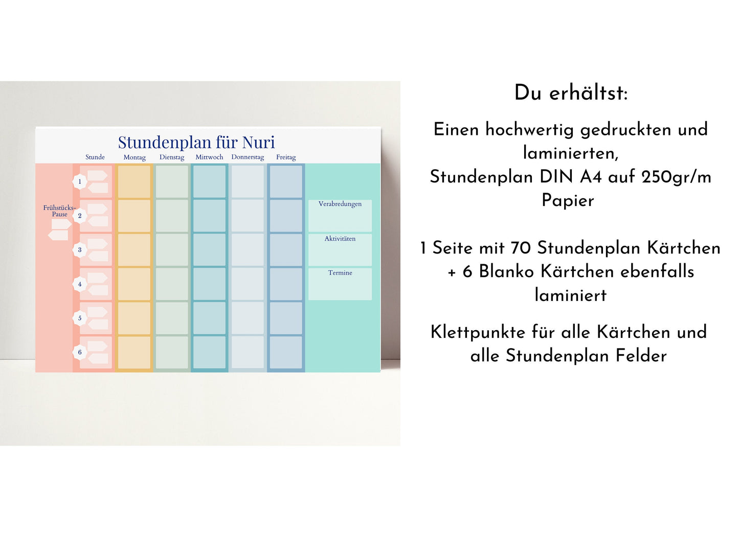 Stundenplan mit 70 Schulfach Karten, personalisiert für die Grundschule, optional magnetisch, Geschenkidee Einschulung "Regenbogen"