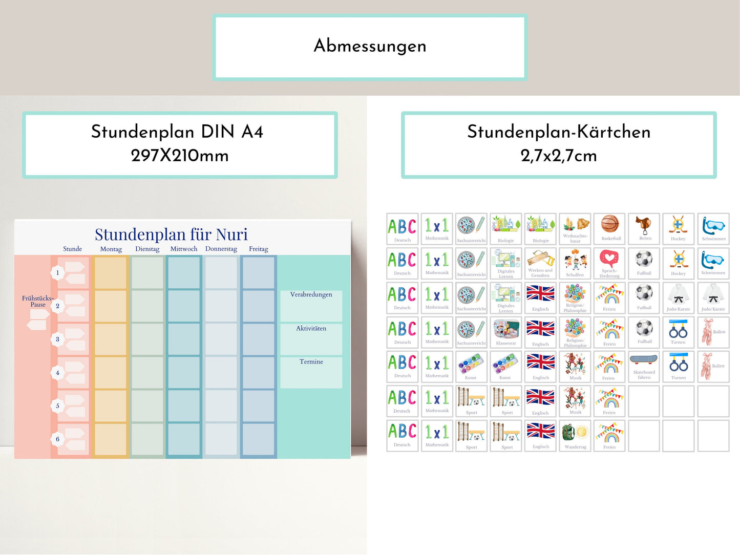 Stundenplan mit 70 Schulfach Karten, personalisiert für die Grundschule, optional magnetisch, Geschenkidee Einschulung "Regenbogen"