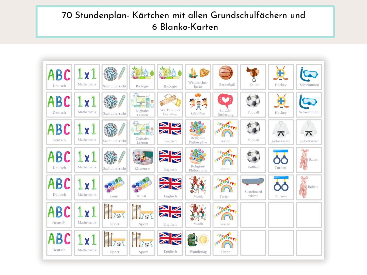 Stundenplan mit 70 Schulfach Karten, personalisiert für die Grundschule, optional magnetisch, Geschenkidee Einschulung "Regenbogen"