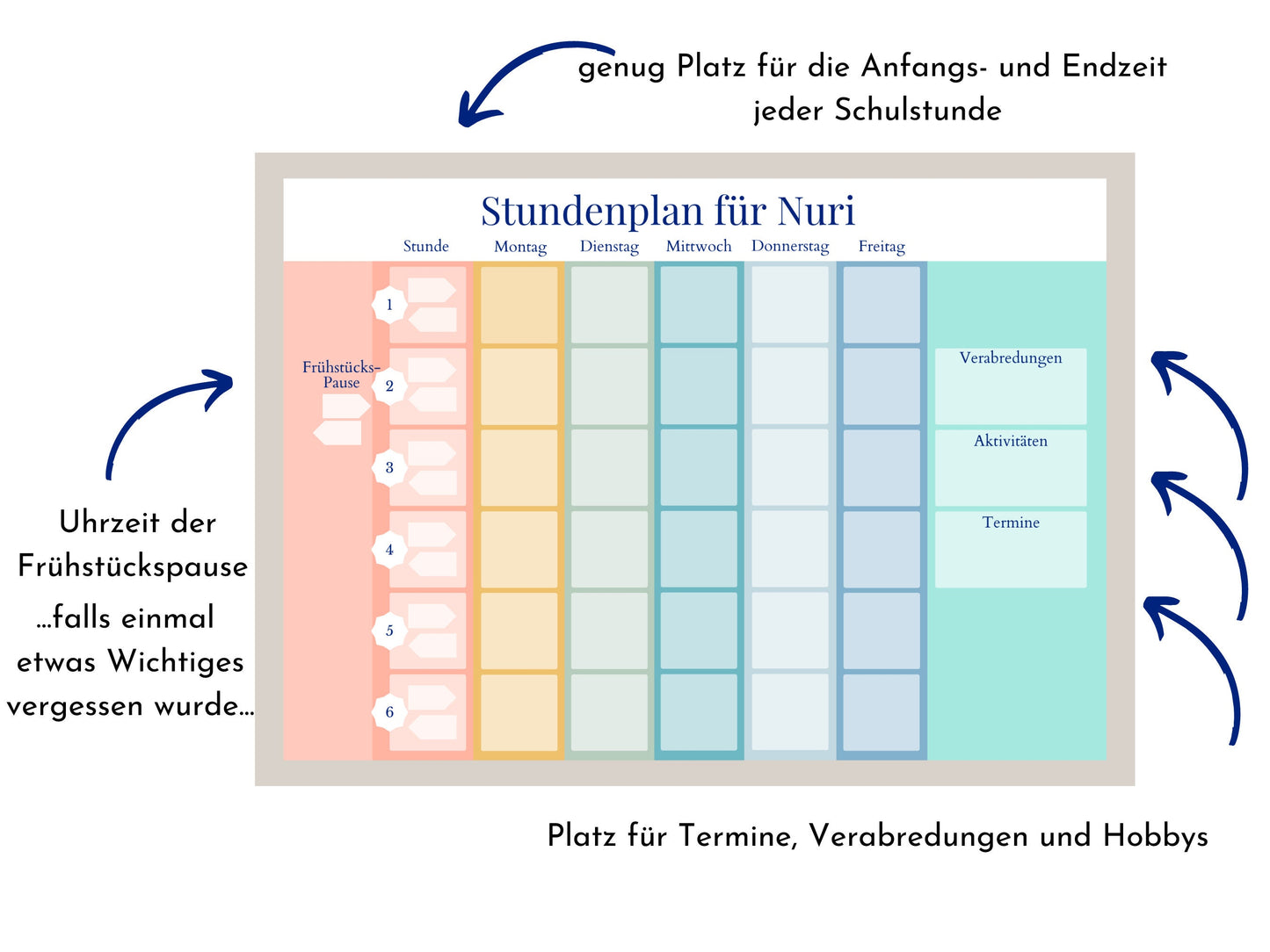 Stundenplan mit 70 Schulfach Karten, personalisiert für die Grundschule, optional magnetisch, Geschenkidee Einschulung "Regenbogen"