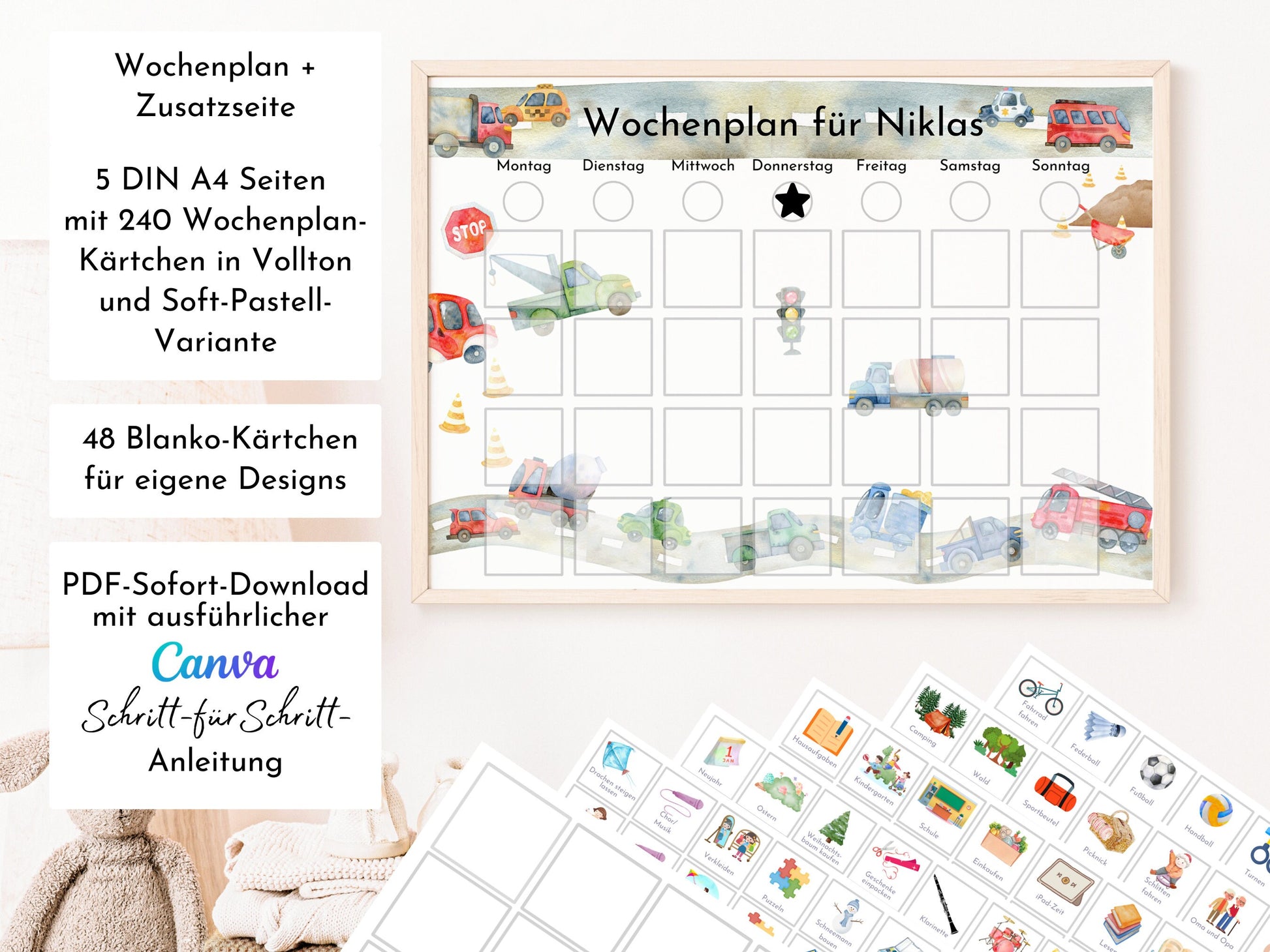 Wochenplan für Kinder mit 288 Routine Karten, personalisierbar, PDF Sofort-Download, Geburtstag Geschenk Canva Vorlage "Autos und Laster"
