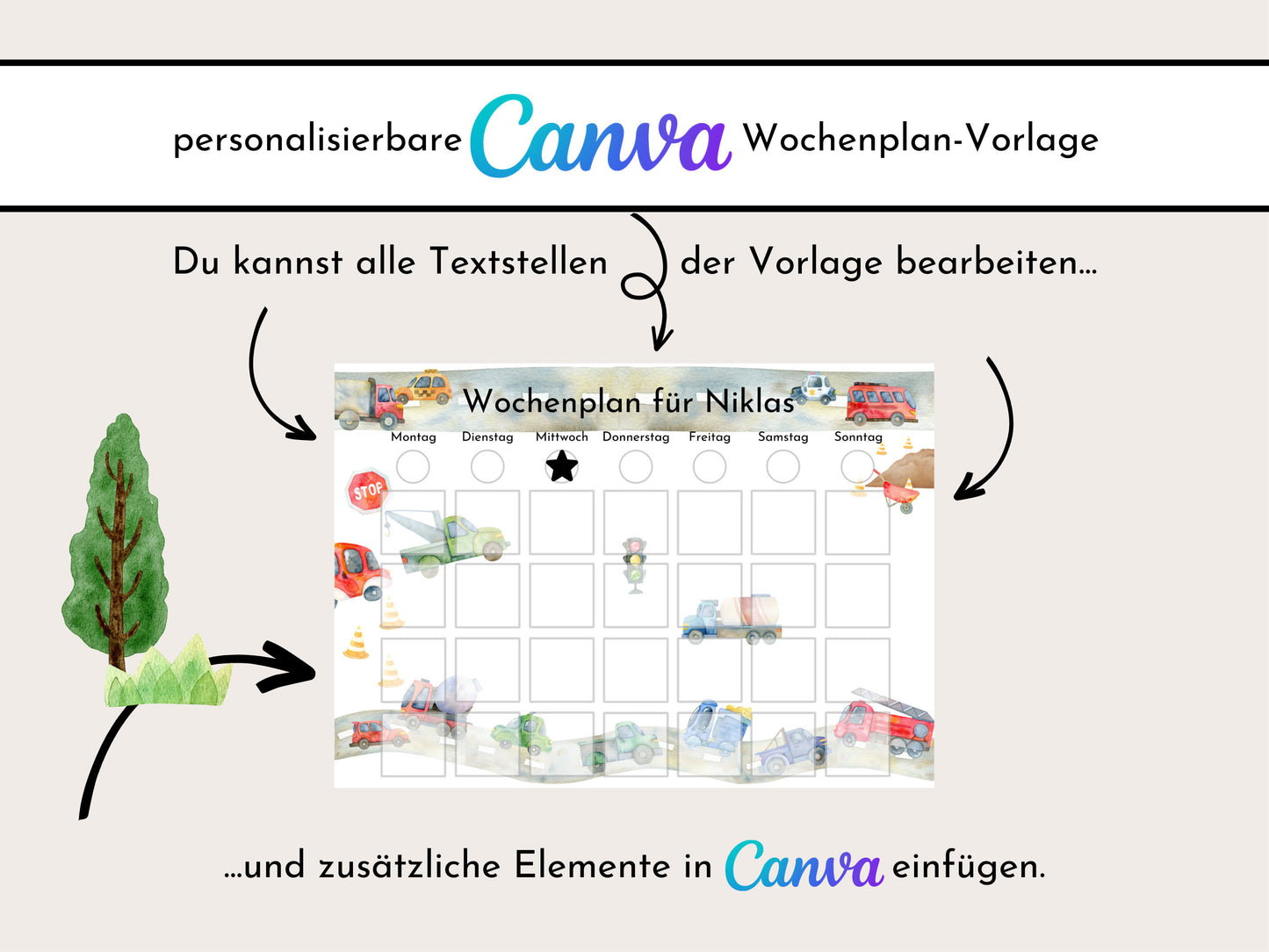 Wochenplan für Kinder mit 288 Routine Karten, personalisierbar, PDF Sofort-Download, Geburtstag Geschenk Canva Vorlage "Autos und Laster"