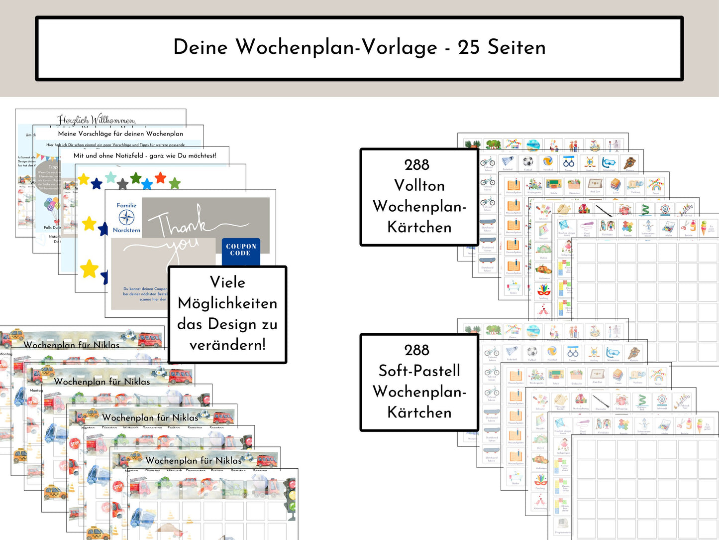 Wochenplan für Kinder mit 288 Routine Karten, personalisierbar, PDF Sofort-Download, Geburtstag Geschenk Canva Vorlage "Autos und Laster"