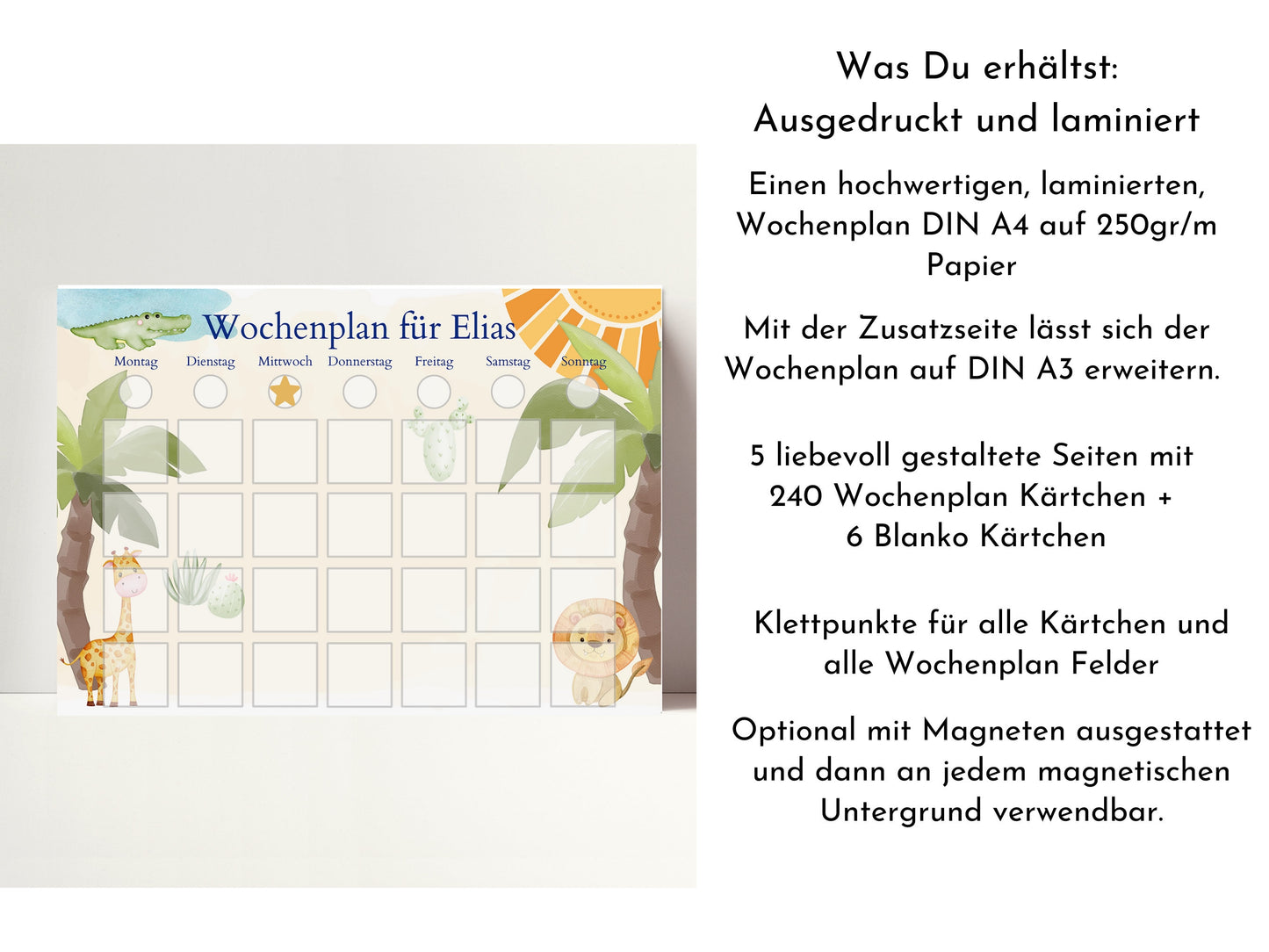 Personalisierter Wochenplan für Kinder und Teenager, 246 Wochenplan Karten, laminiert magnetisch, Geschenkidee "Löwe und Krokodil"