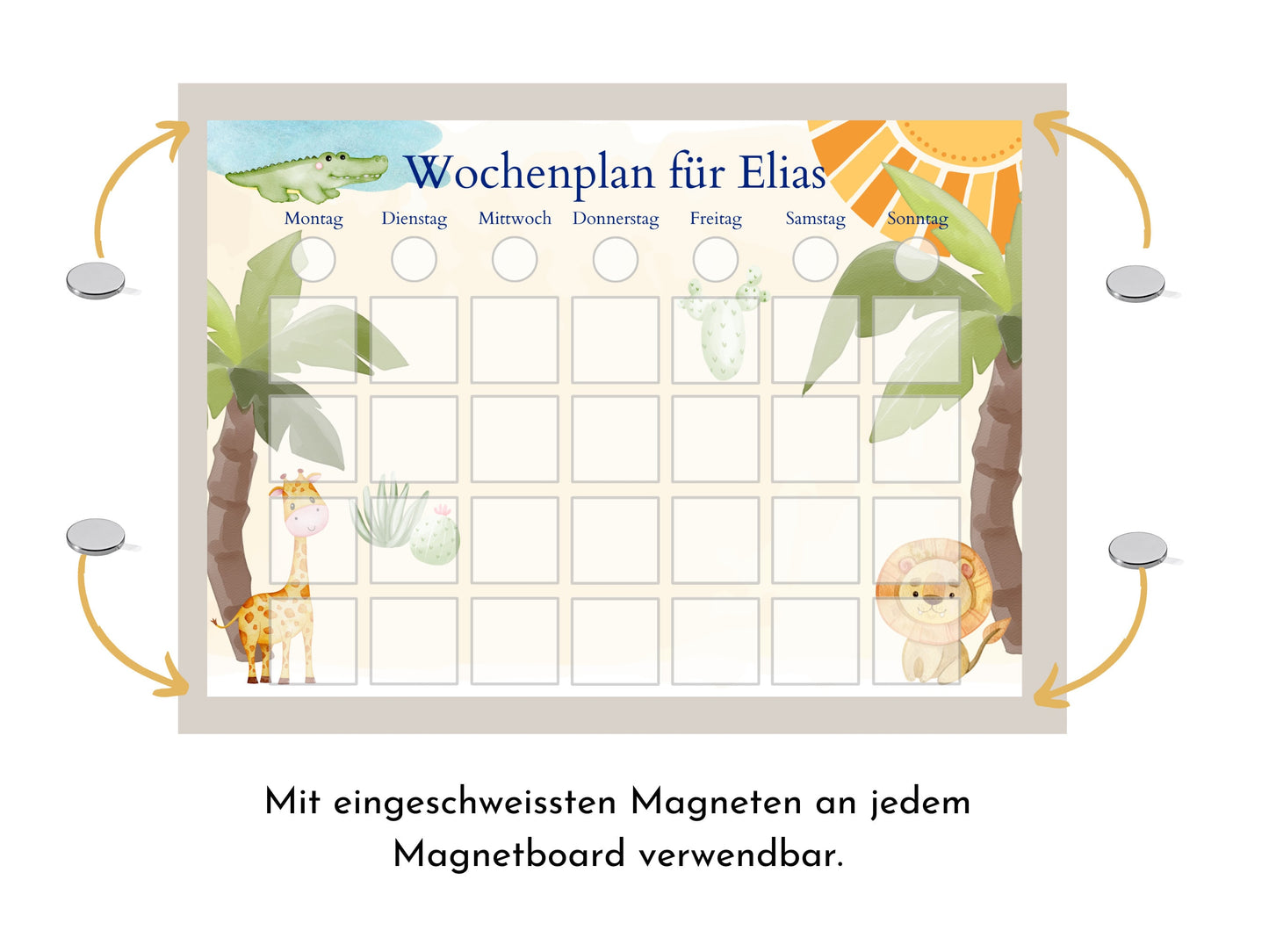 Personalisierter Wochenplan für Kinder und Teenager, 246 Wochenplan Karten, laminiert magnetisch, Geschenkidee "Löwe und Krokodil"