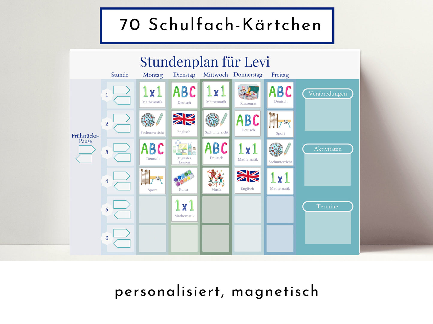 Stundenplan mit 70 Schulfach Kärtchen, personalisiert für die Grundschule, laminiert magnetisch abwischbar, Geschenkidee Einschulung "Ozean"
