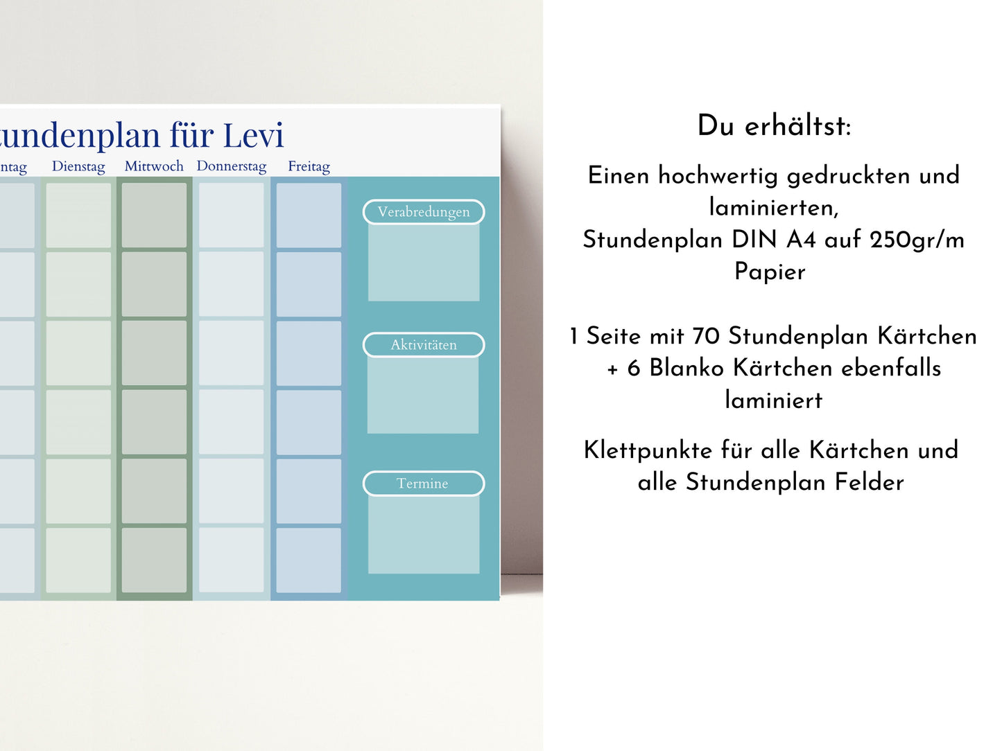 Stundenplan mit 70 Schulfach Kärtchen, personalisiert für die Grundschule, laminiert magnetisch abwischbar, Geschenkidee Einschulung "Ozean"