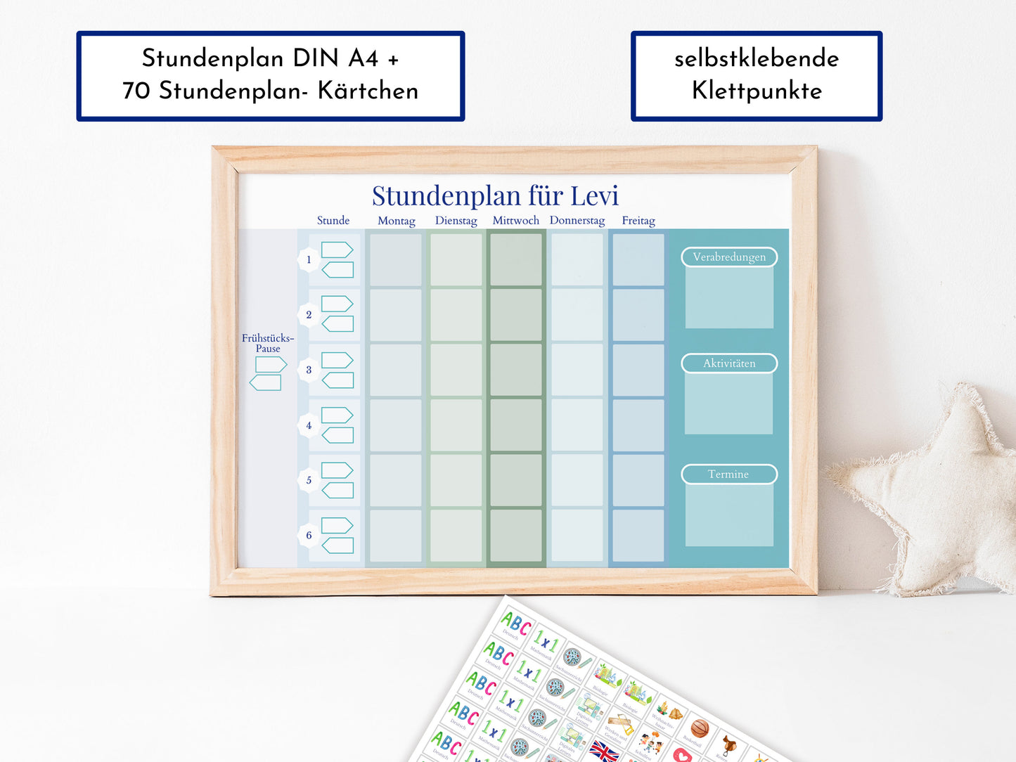 Stundenplan mit 70 Schulfach Kärtchen, personalisiert für die Grundschule, laminiert magnetisch abwischbar, Geschenkidee Einschulung "Ozean"