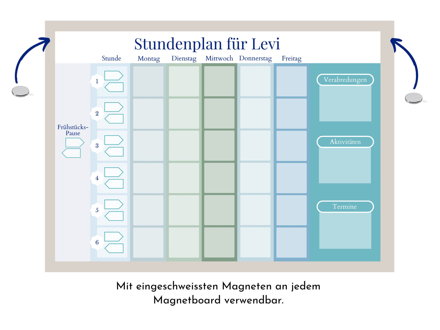 Stundenplan mit 70 Schulfach Kärtchen, personalisiert für die Grundschule, laminiert magnetisch abwischbar, Geschenkidee Einschulung "Ozean"