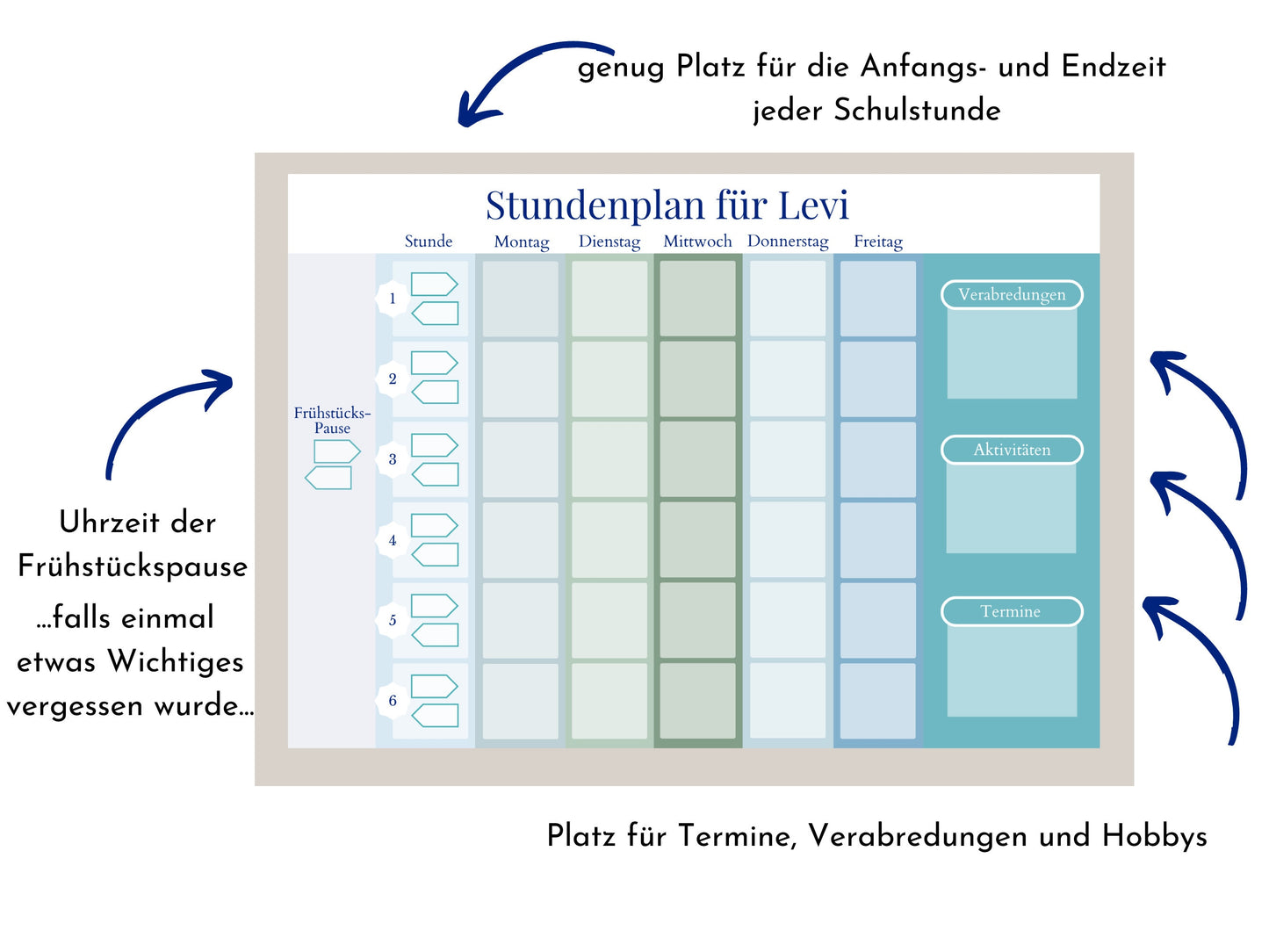 Stundenplan mit 70 Schulfach Kärtchen, personalisiert für die Grundschule, laminiert magnetisch abwischbar, Geschenkidee Einschulung "Ozean"