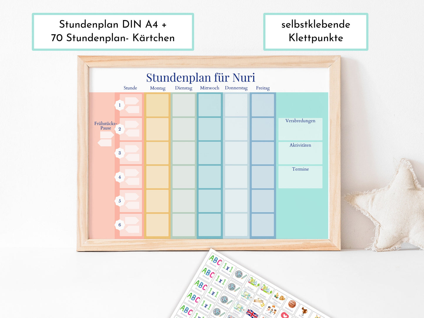 Stundenplan mit 70 Schulfach Karten, personalisiert für die Grundschule, optional magnetisch, Geschenkidee Einschulung "Regenbogen"