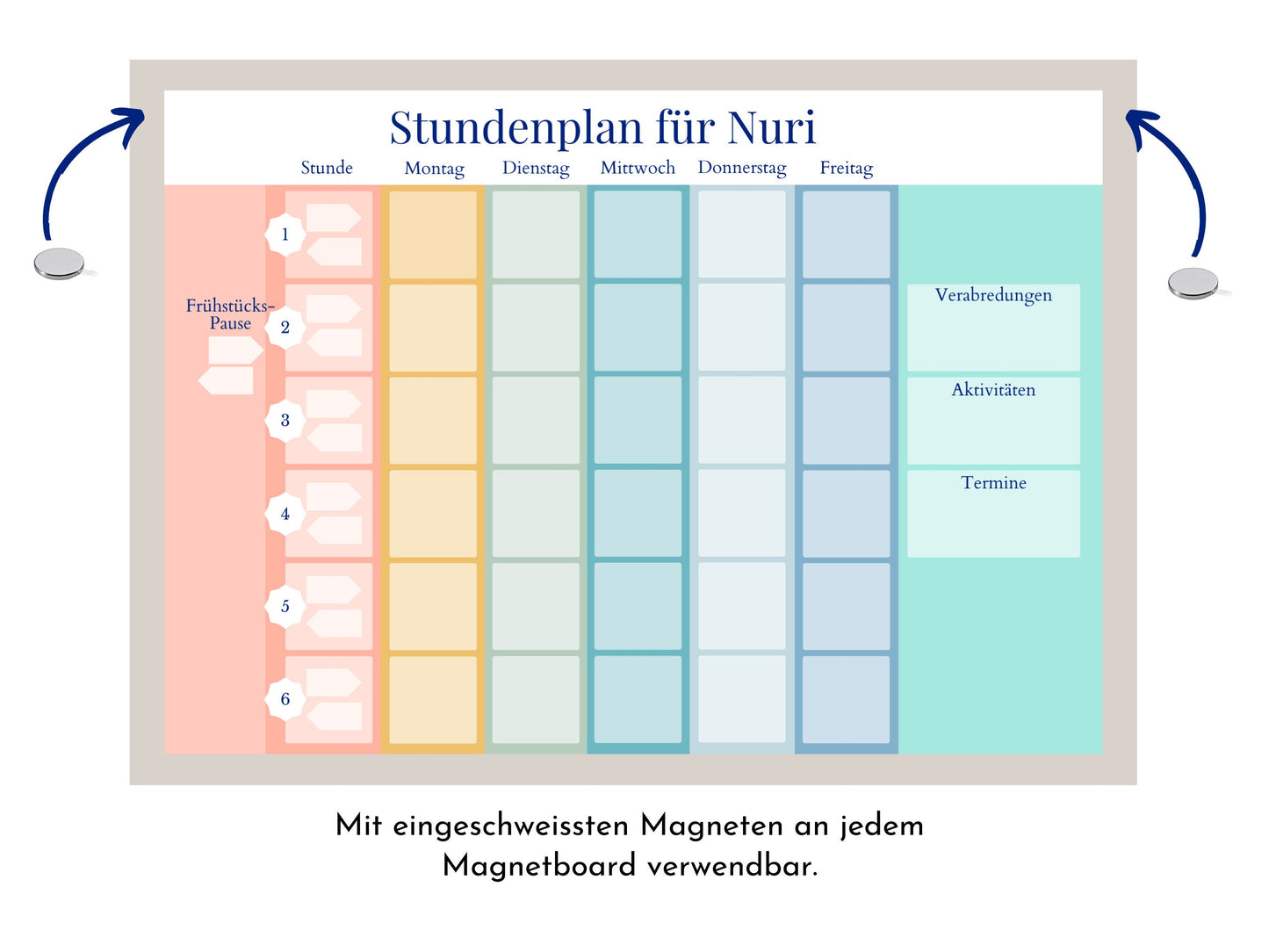 Stundenplan mit 70 Schulfach Karten, personalisiert für die Grundschule, optional magnetisch, Geschenkidee Einschulung "Regenbogen"
