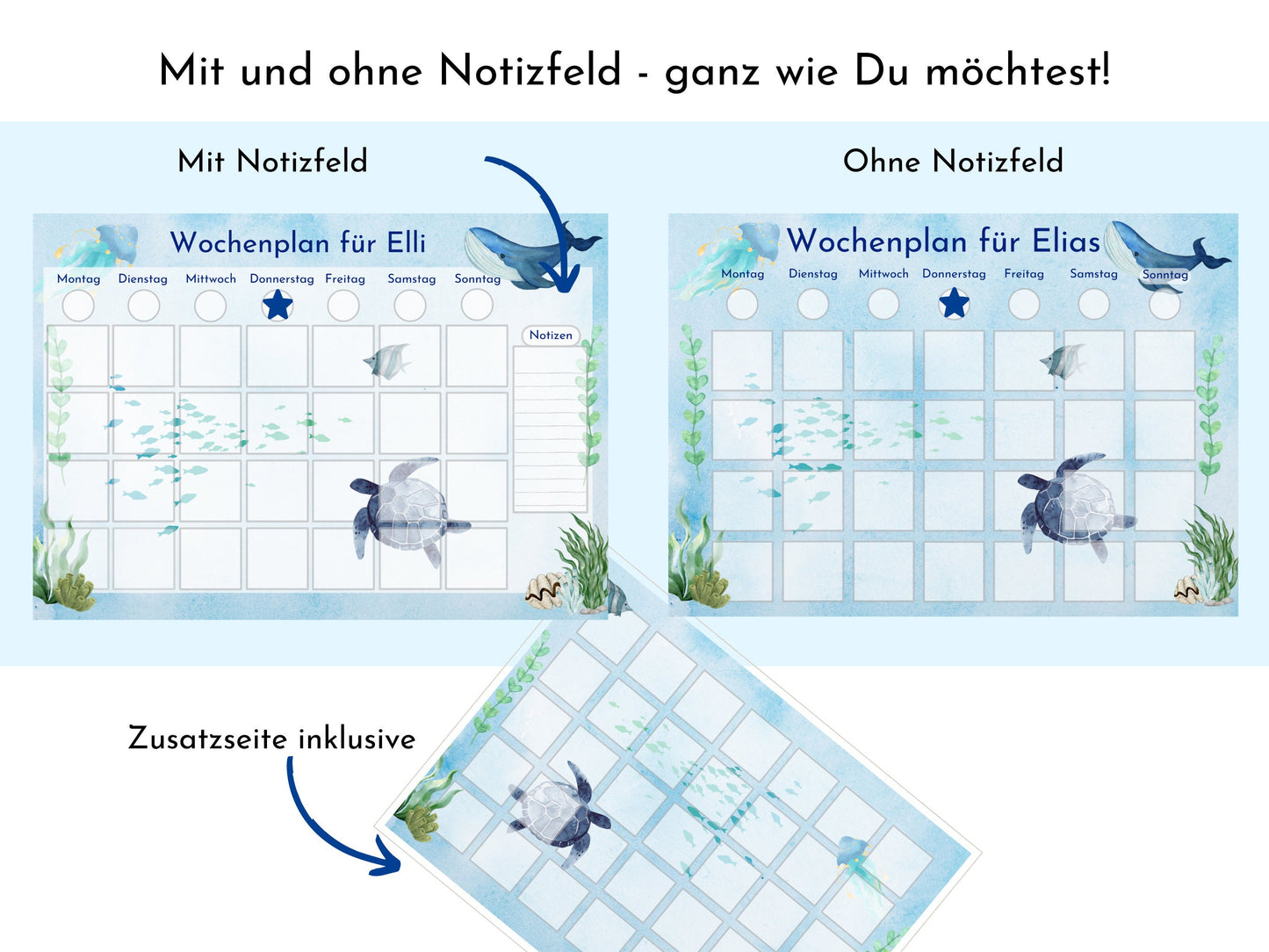 Wochenplan personalisiert für Kinder, 288 Kärtchen zum Ausdrucken, Sofort-Download, Geburtstagsgeschenk und zum Verschenken "Meerestiere"