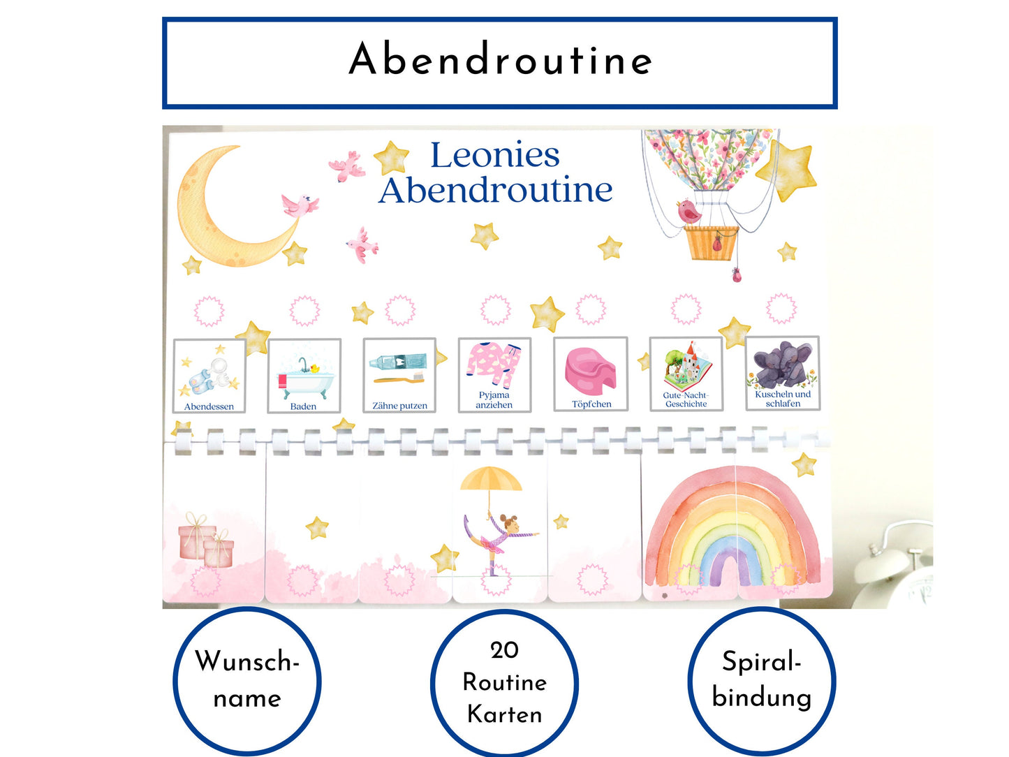Personalisierte Abendroutine für Kinder, Routineplan mit 20 Routine Karten, Geschenk für Mädchen "Heissluftballon"