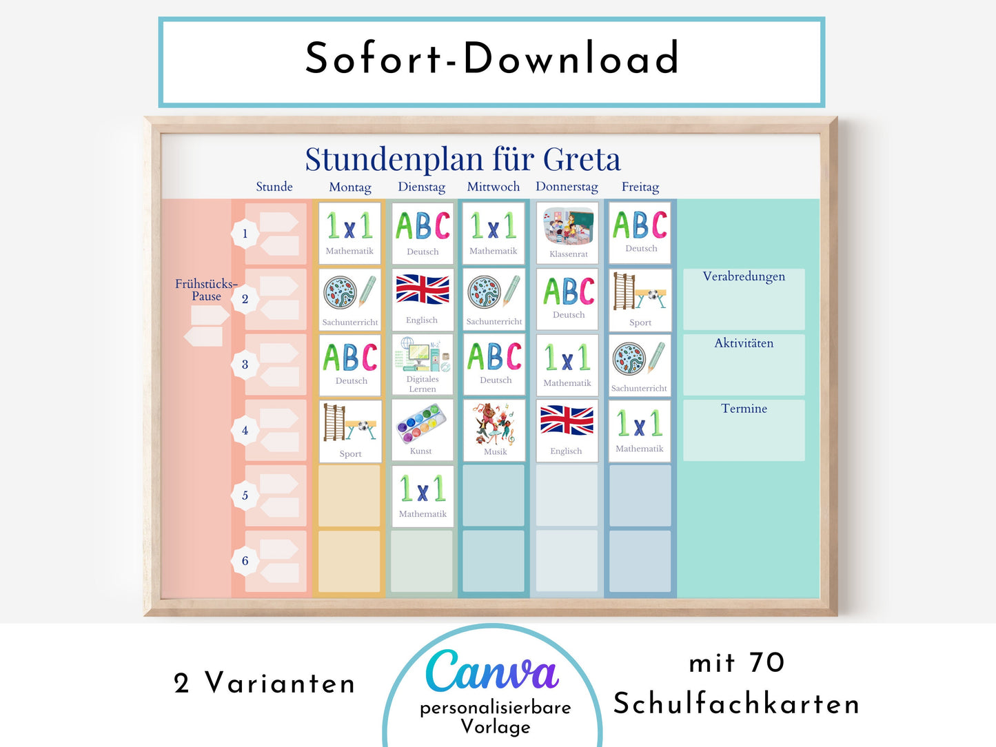 Stundenplan für die Grundschule für Kinder, 70 Schulfachkarten zum Ausdrucken, Sofort-Download "Regenbogen"