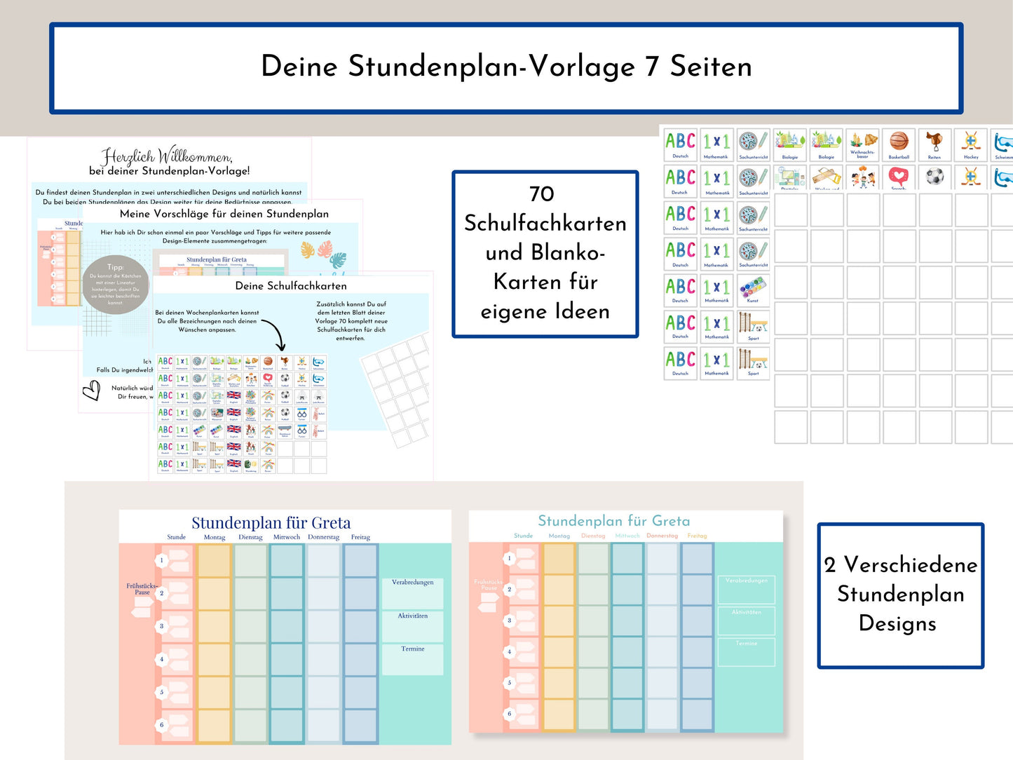 Stundenplan für die Grundschule für Kinder, 70 Schulfachkarten zum Ausdrucken, Sofort-Download "Regenbogen"