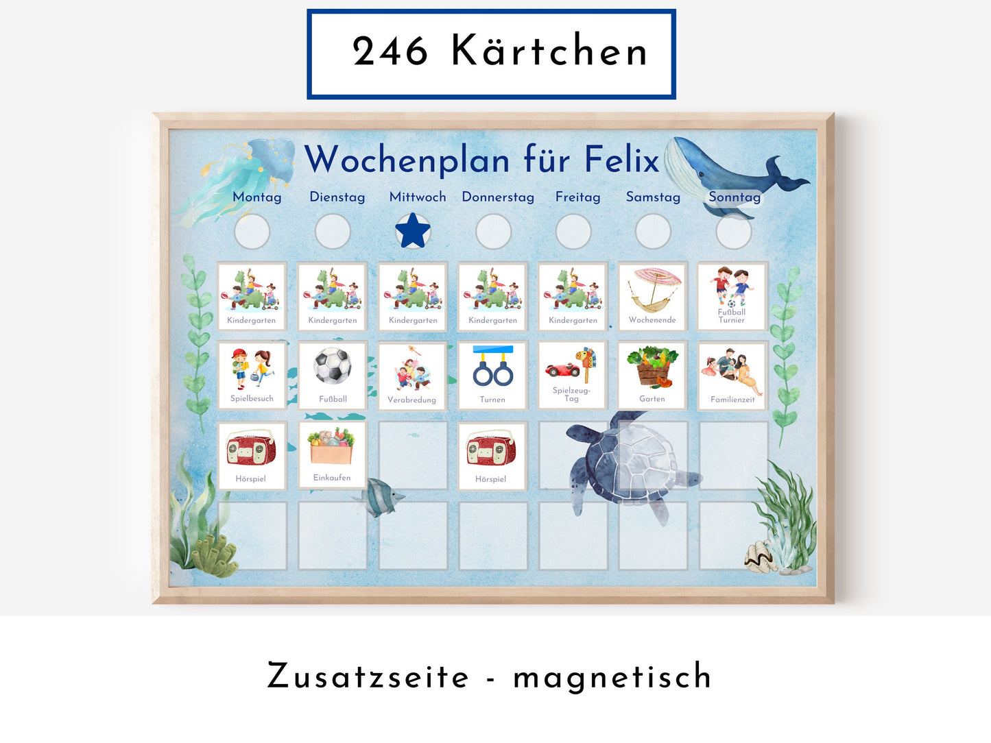 Personalisierter Wochenplan "Wal und Meer" nach Montessori für Kinder mit 246 Routine Karten, Routineplan mit Bildkarten