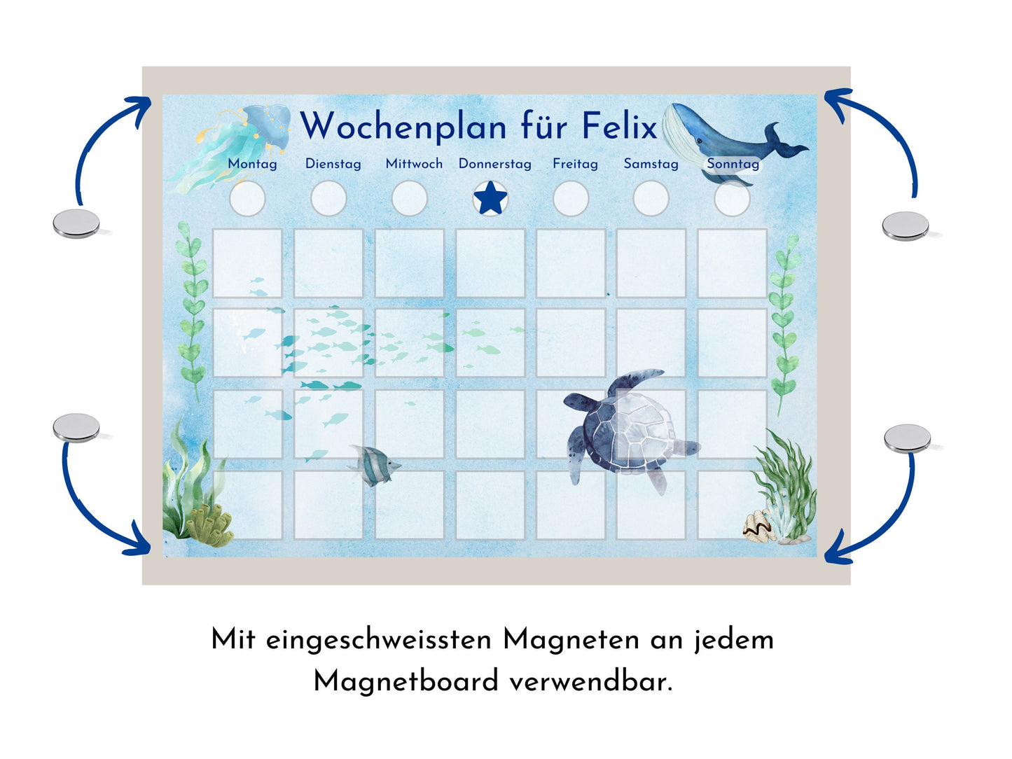 Personalisierter Wochenplan "Wal und Meer" nach Montessori für Kinder mit 246 Routine Karten, Routineplan mit Bildkarten