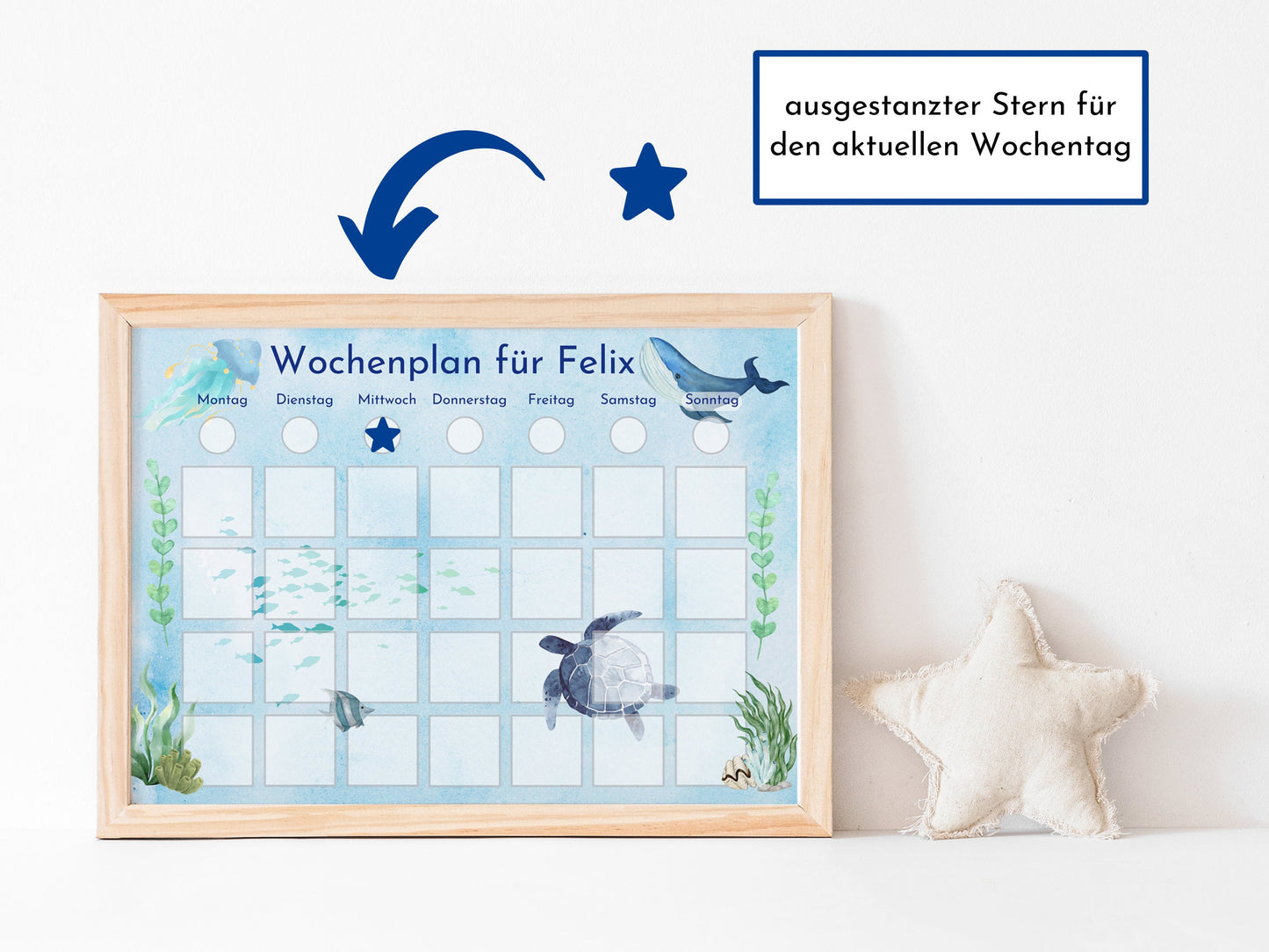 Personalisierter Wochenplan "Wal und Meer" nach Montessori für Kinder mit 246 Routine Karten, Routineplan mit Bildkarten