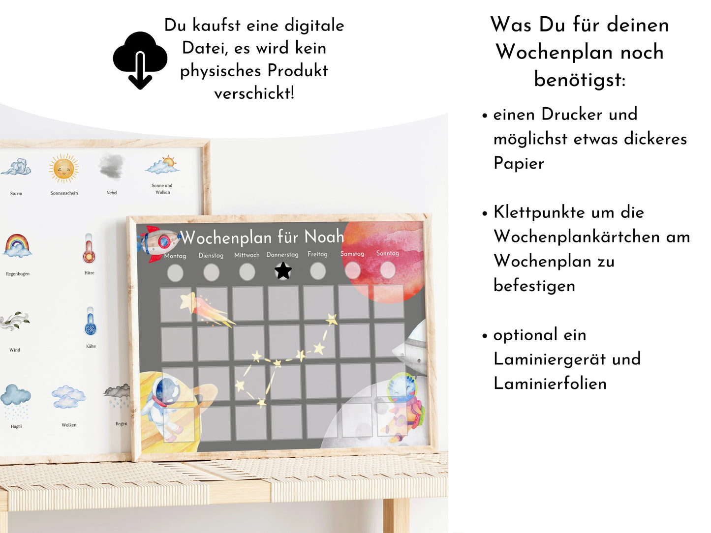 Wochenplan für Kinder, 288 Routine Karten, PDF Sofort Download, personalisierbar, Geschenkidee Kindergeburtstag "Weltraum, Astronaut, Ufo"