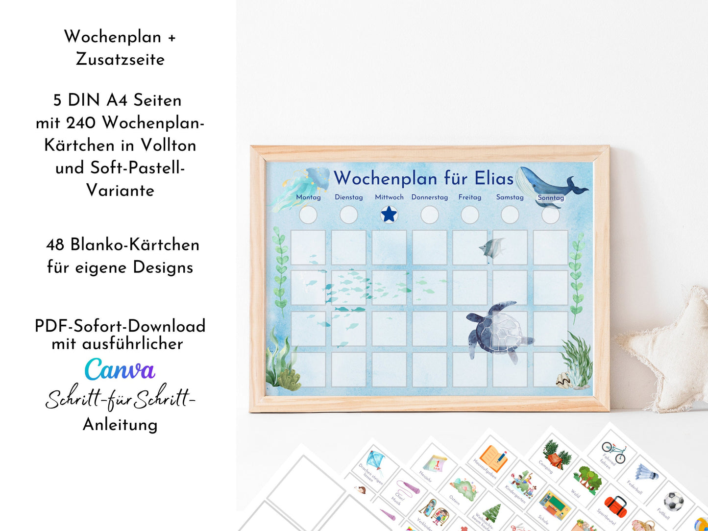 Wochenplan personalisiert für Kinder, 288 Kärtchen zum Ausdrucken, Sofort-Download, Geburtstagsgeschenk und zum Verschenken "Meerestiere"