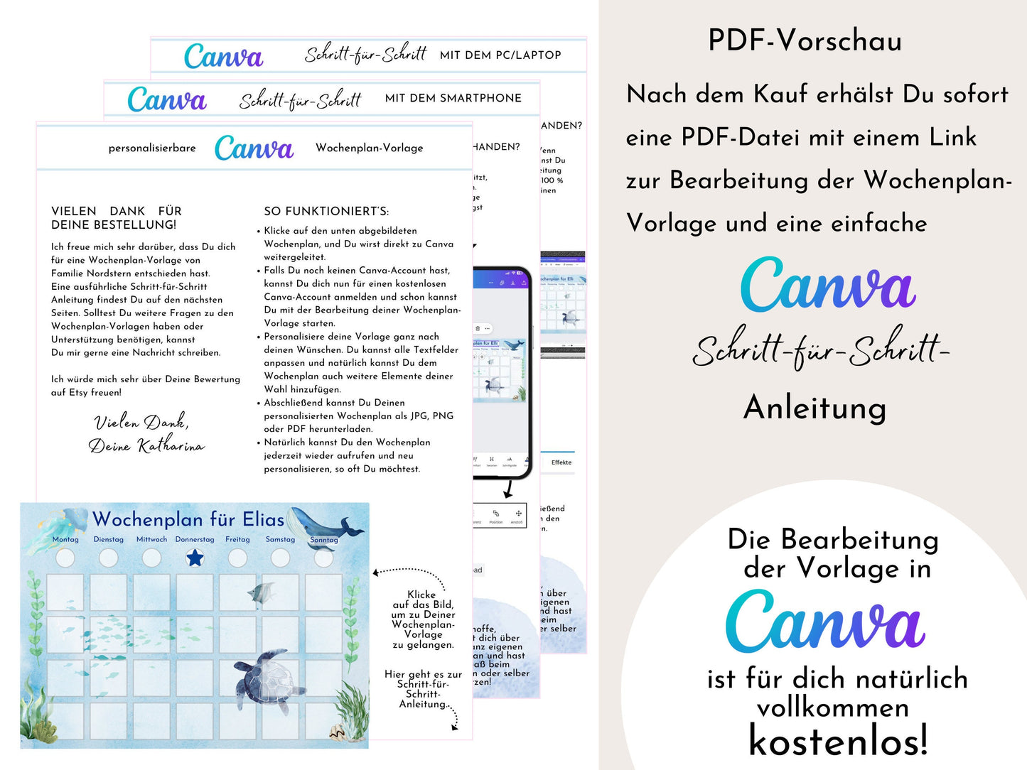 Wochenplan personalisiert für Kinder, 288 Kärtchen zum Ausdrucken, Sofort-Download, Geburtstagsgeschenk und zum Verschenken "Meerestiere"