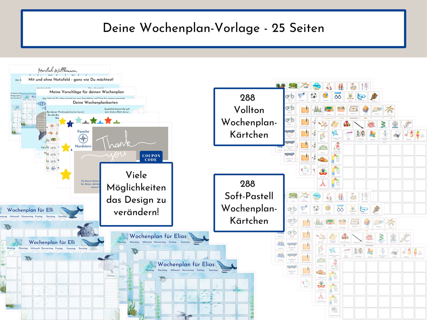 Wochenplan personalisiert für Kinder, 288 Kärtchen zum Ausdrucken, Sofort-Download, Geburtstagsgeschenk und zum Verschenken "Meerestiere"