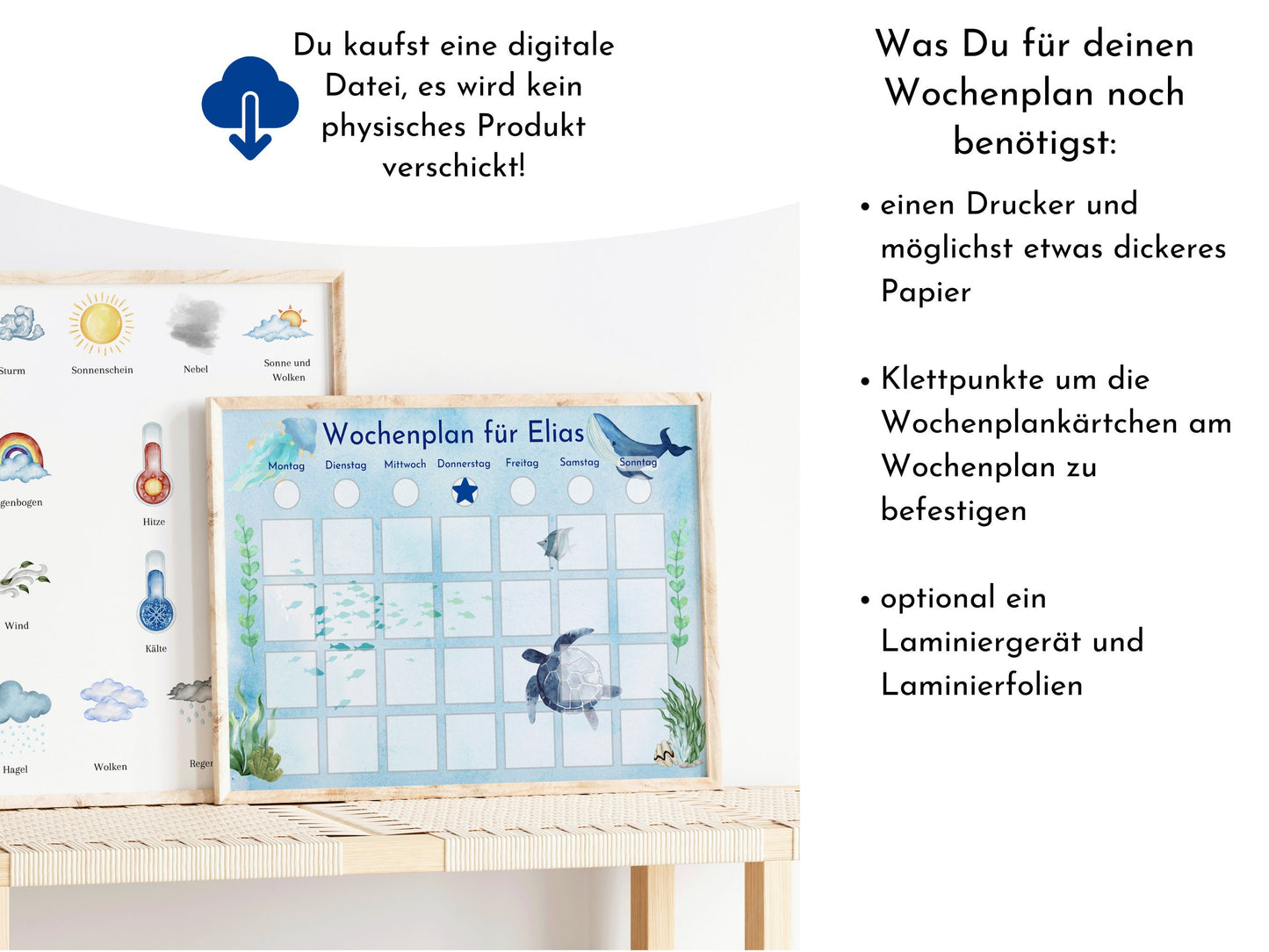 Wochenplan personalisiert für Kinder, 288 Kärtchen zum Ausdrucken, Sofort-Download, Geburtstagsgeschenk und zum Verschenken "Meerestiere"