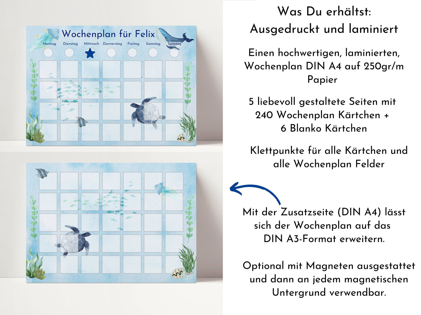 Personalisierter Wochenplan "Wal und Meer" nach Montessori für Kinder mit 246 Routine Karten, Routineplan mit Bildkarten