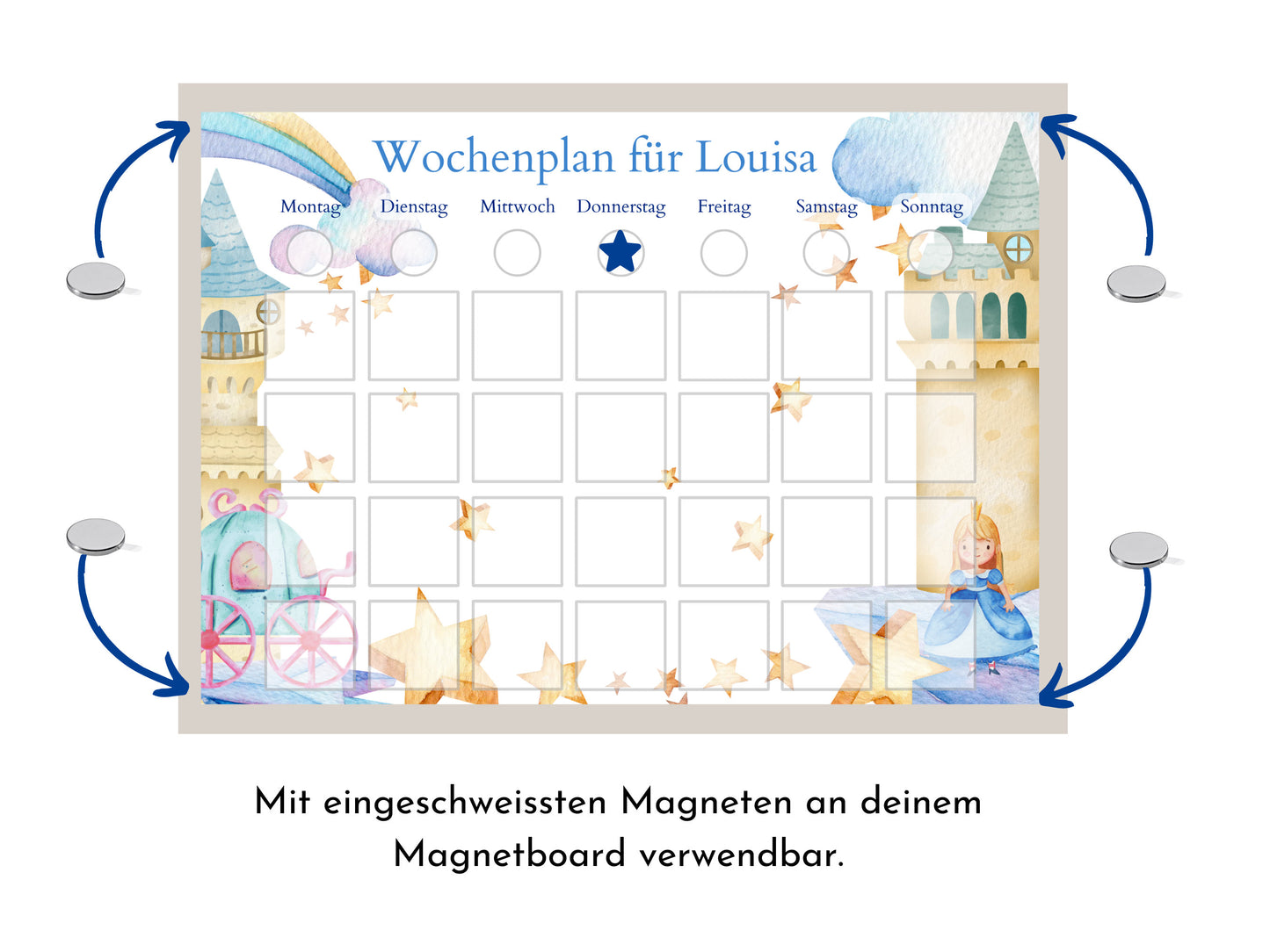 Wochenplaner mit 246 Routine Karten, personalisiert für Kinder, Geschenkidee 1. Geburtstag, laminiert magnetisch, Wochenplan "Prinzessin"