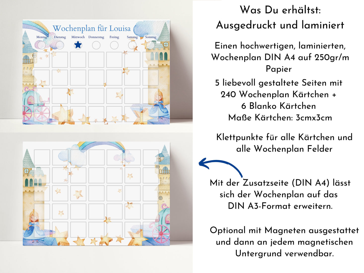 Wochenplaner mit 246 Routine Karten, personalisiert für Kinder, Geschenkidee 1. Geburtstag, laminiert magnetisch, Wochenplan "Prinzessin"
