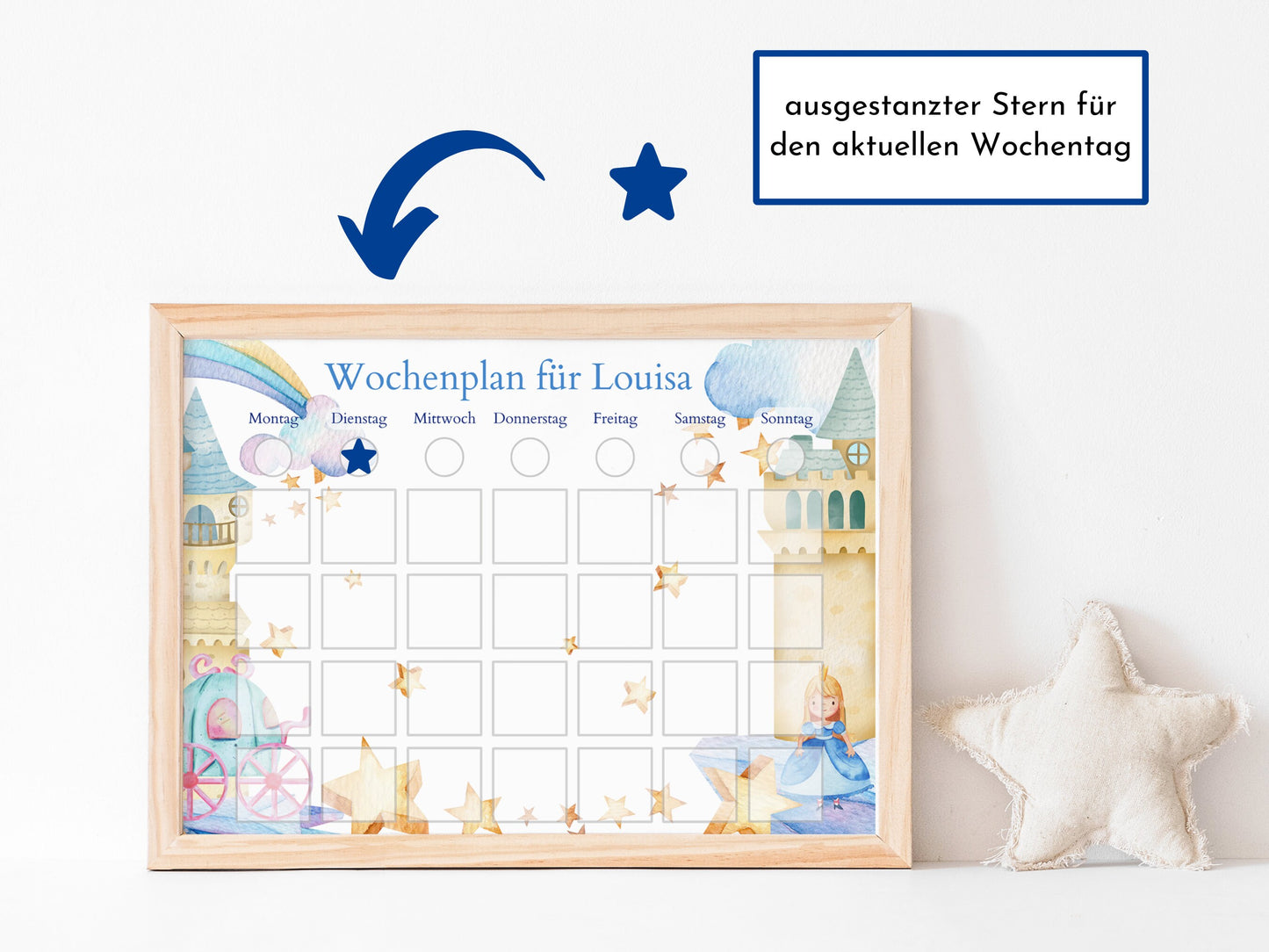 Wochenplaner mit 246 Routine Karten, personalisiert für Kinder, Geschenkidee 1. Geburtstag, laminiert magnetisch, Wochenplan "Prinzessin"