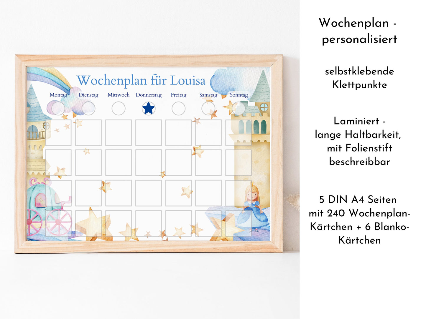 Wochenplaner mit 246 Routine Karten, personalisiert für Kinder, Geschenkidee 1. Geburtstag, laminiert magnetisch, Wochenplan "Prinzessin"