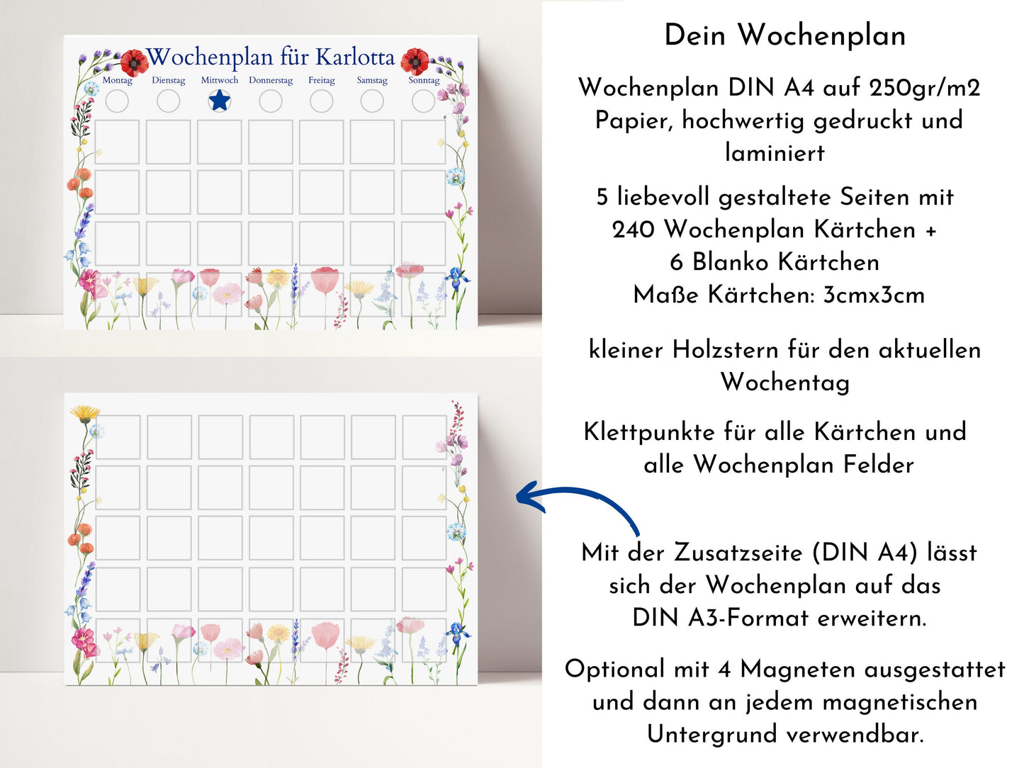 Personalisierter Wochenplan "Blumen" für Kinder und Teenager, 246 Routine Karten, laminiert magnetisch, Routineplan nach Montessori
