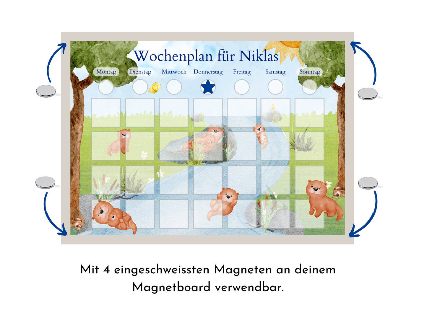 Personalisierter Wochenplan "Otter" mit 246 Routine Karten für Kinder, laminiert magnetisch, Routineplan mit Bildkarten