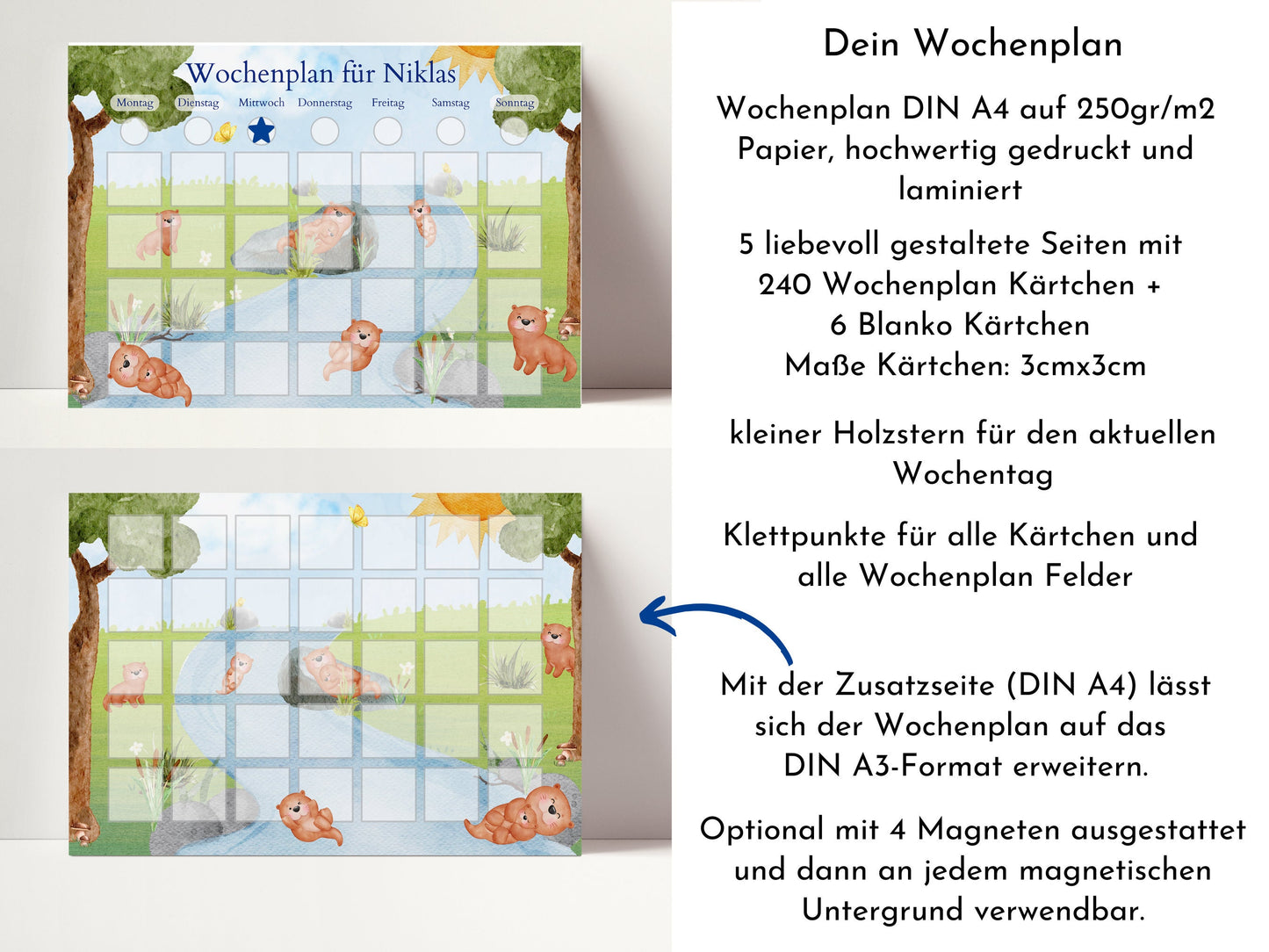 Personalisierter Wochenplan "Otter" mit 246 Routine Karten für Kinder, laminiert magnetisch, Routineplan mit Bildkarten