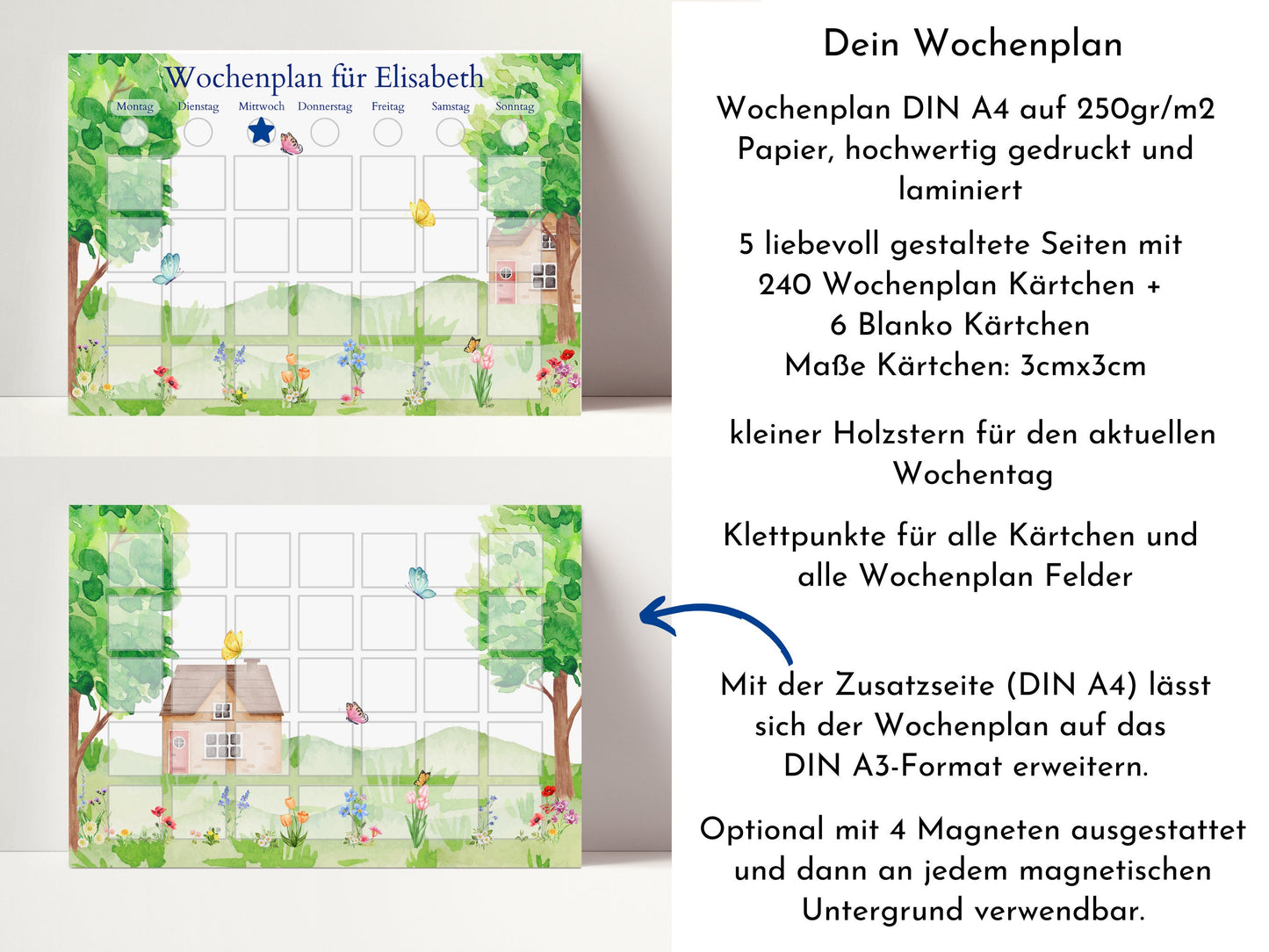 Wochenplan "Wiese" personalisiert für Kinder, 246 Routine Karten, laminiert, optional magnetisch, Routineplan mit Bildkarten nach Montessori