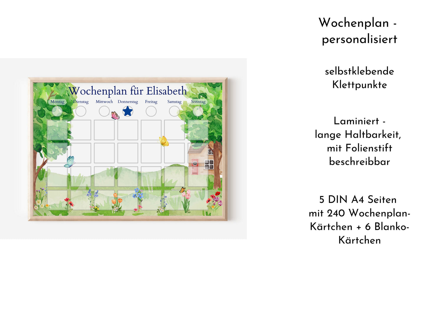 Wochenplan "Wiese" personalisiert für Kinder, 246 Routine Karten, laminiert, optional magnetisch, Routineplan mit Bildkarten nach Montessori