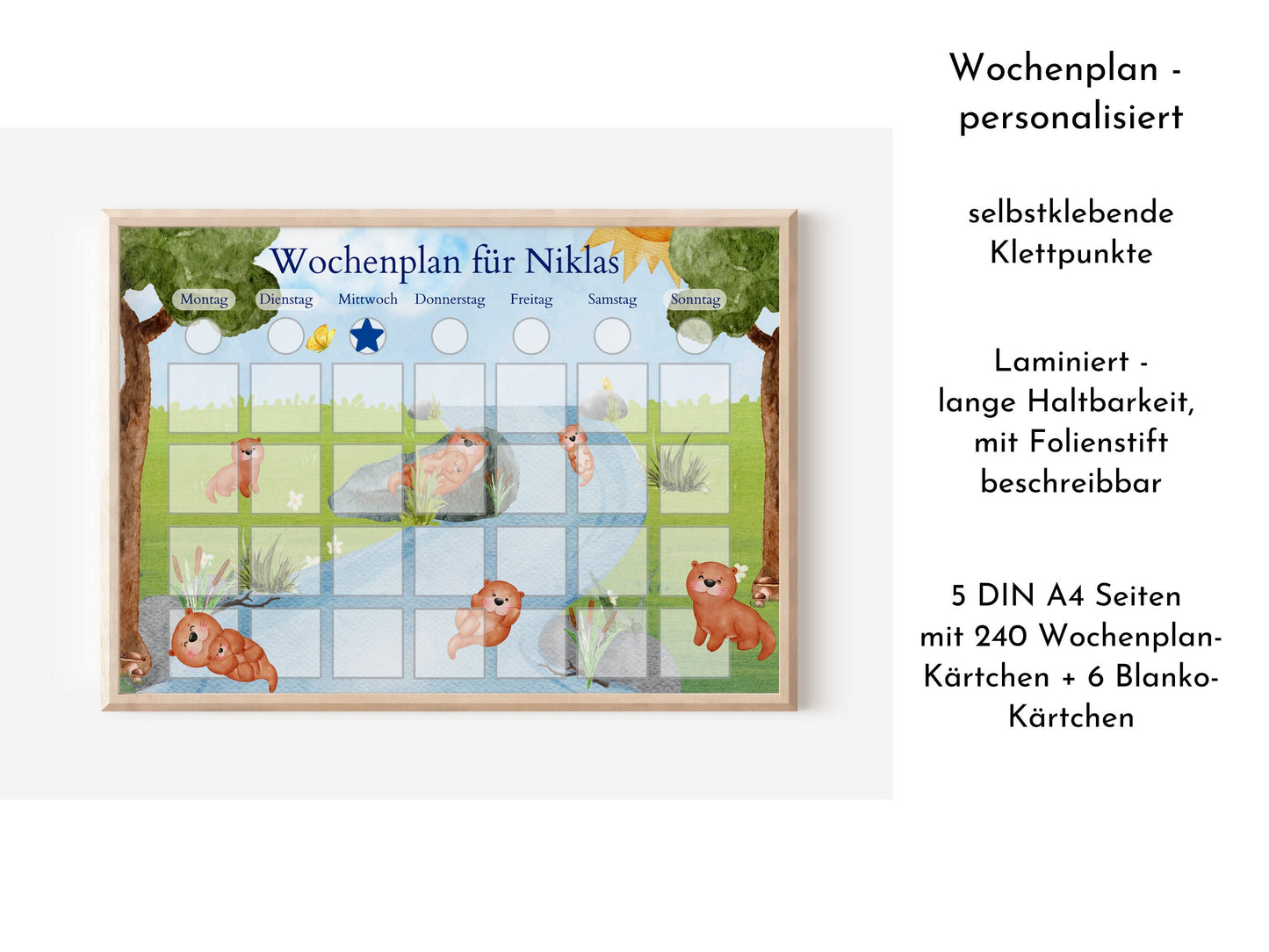 Personalisierter Wochenplan "Otter" mit 246 Routine Karten für Kinder, laminiert magnetisch, Routineplan mit Bildkarten