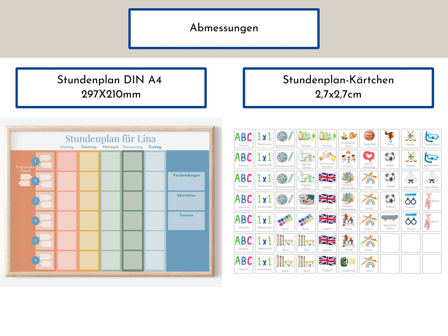 Stundenplan "Himmel und Erde" mit 70 Schulfach Kärtchen, personalisiert, Stundentafel laminiert abwischbar magnetisch, Geschenk Einschulung