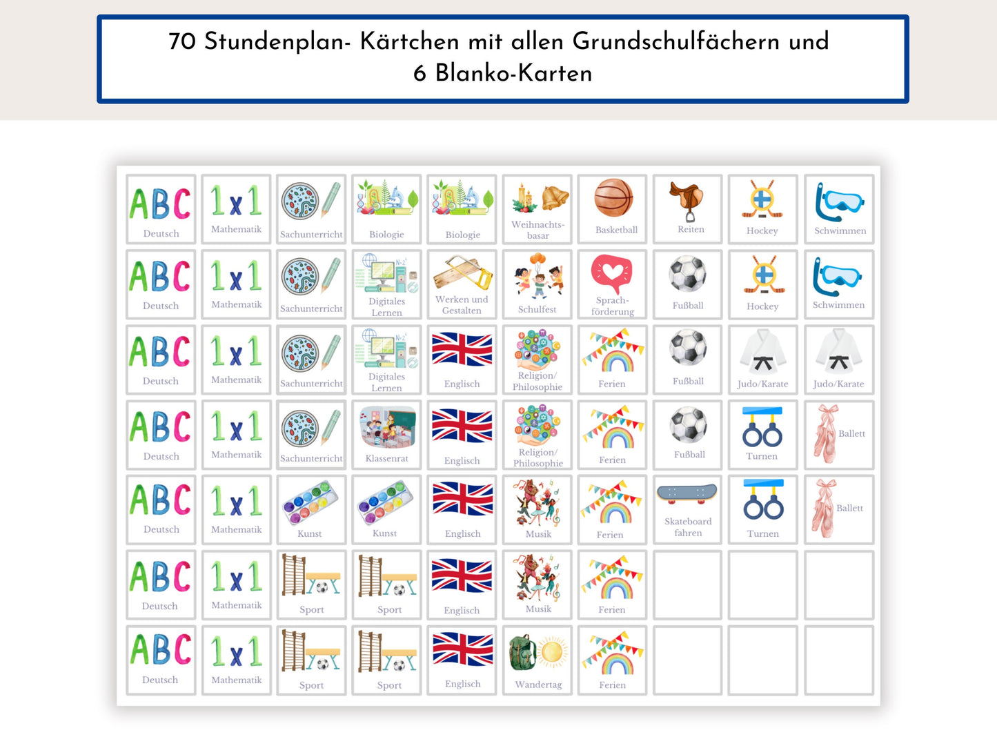 Stundenplan "Himmel und Erde" mit 70 Schulfach Kärtchen, personalisiert, Stundentafel laminiert abwischbar magnetisch, Geschenk Einschulung