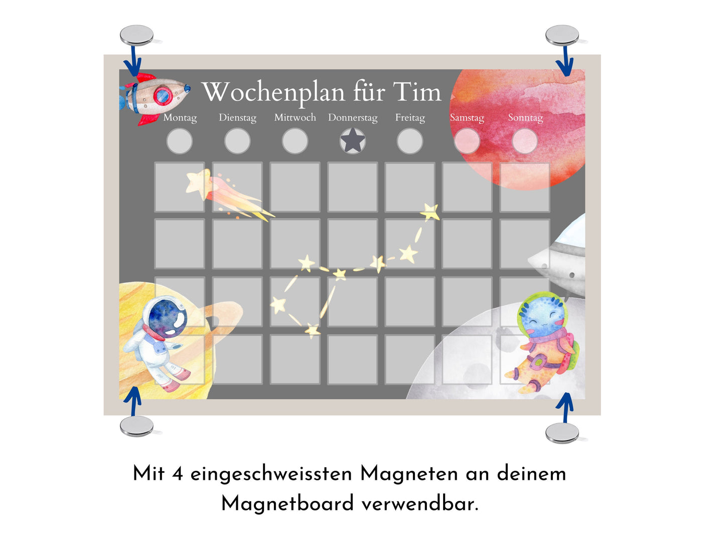 Personalisierter Wochenplan "Universum" für Kinder mit 246 Routine Karten, laminiert, magnetisch, Montessori Routineplan, Familie Nordstern