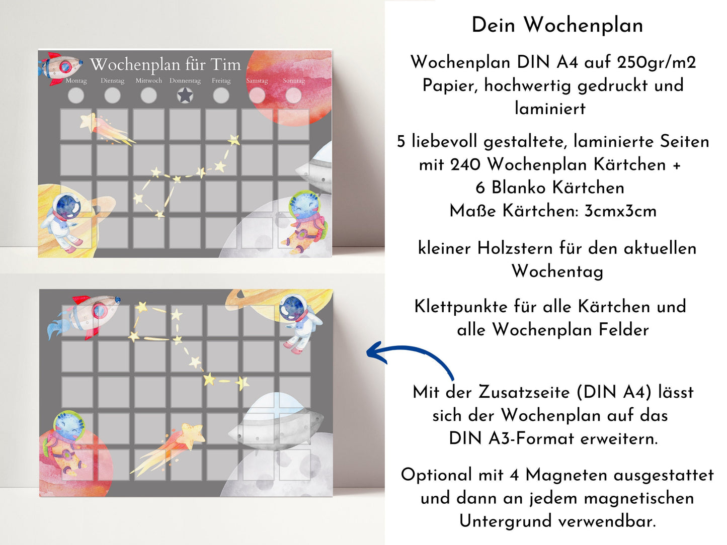 Personalisierter Wochenplan "Universum" für Kinder mit 246 Routine Karten, laminiert, magnetisch, Montessori Routineplan, Familie Nordstern
