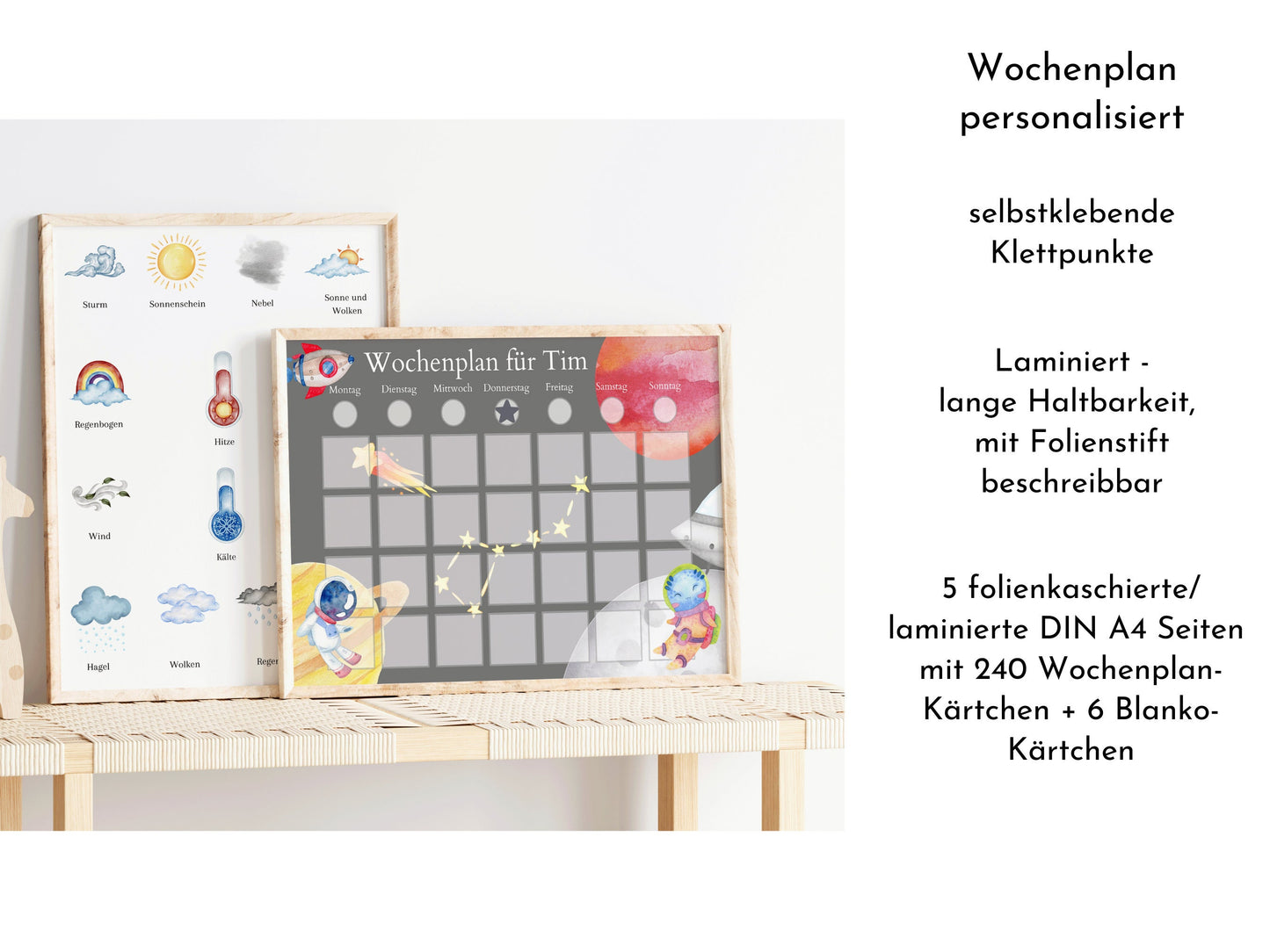 Personalisierter Wochenplan "Universum" für Kinder mit 246 Routine Karten, laminiert, magnetisch, Montessori Routineplan, Familie Nordstern